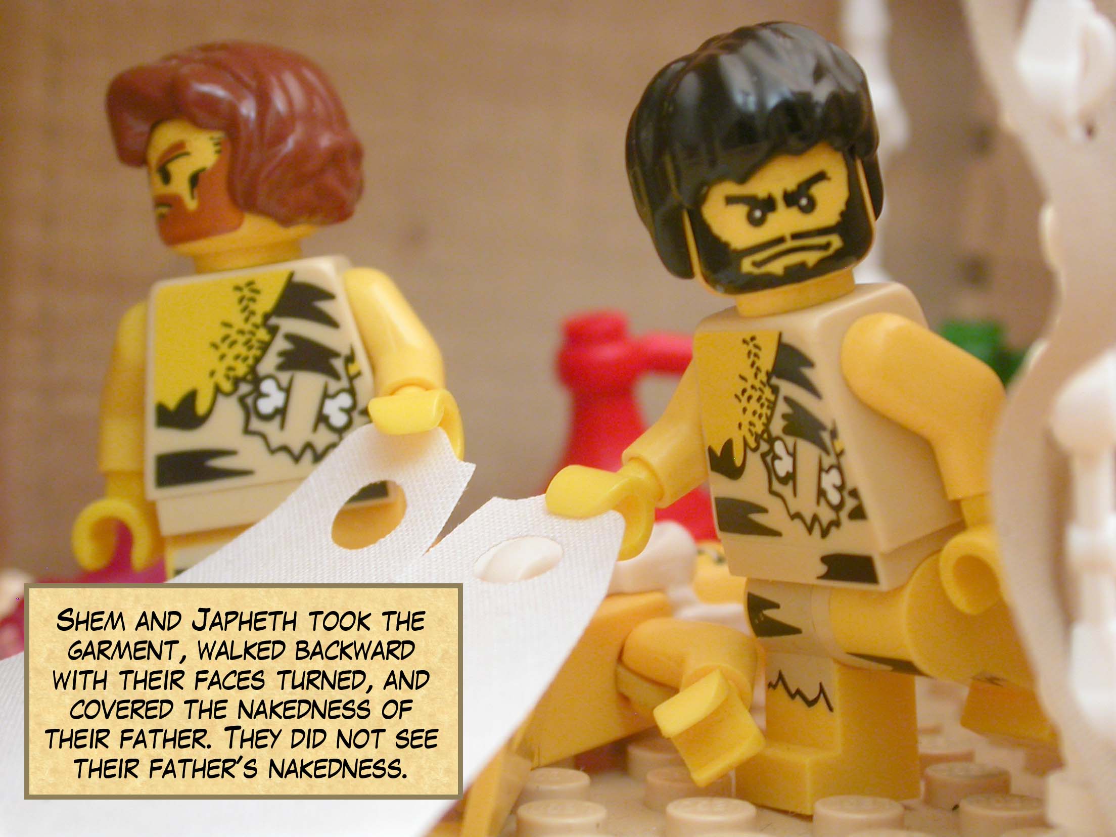 Shem and Japheth took the garment, walked backward with their faces turned, and covered the nakedness of their father. They did not see their father's nakedness.