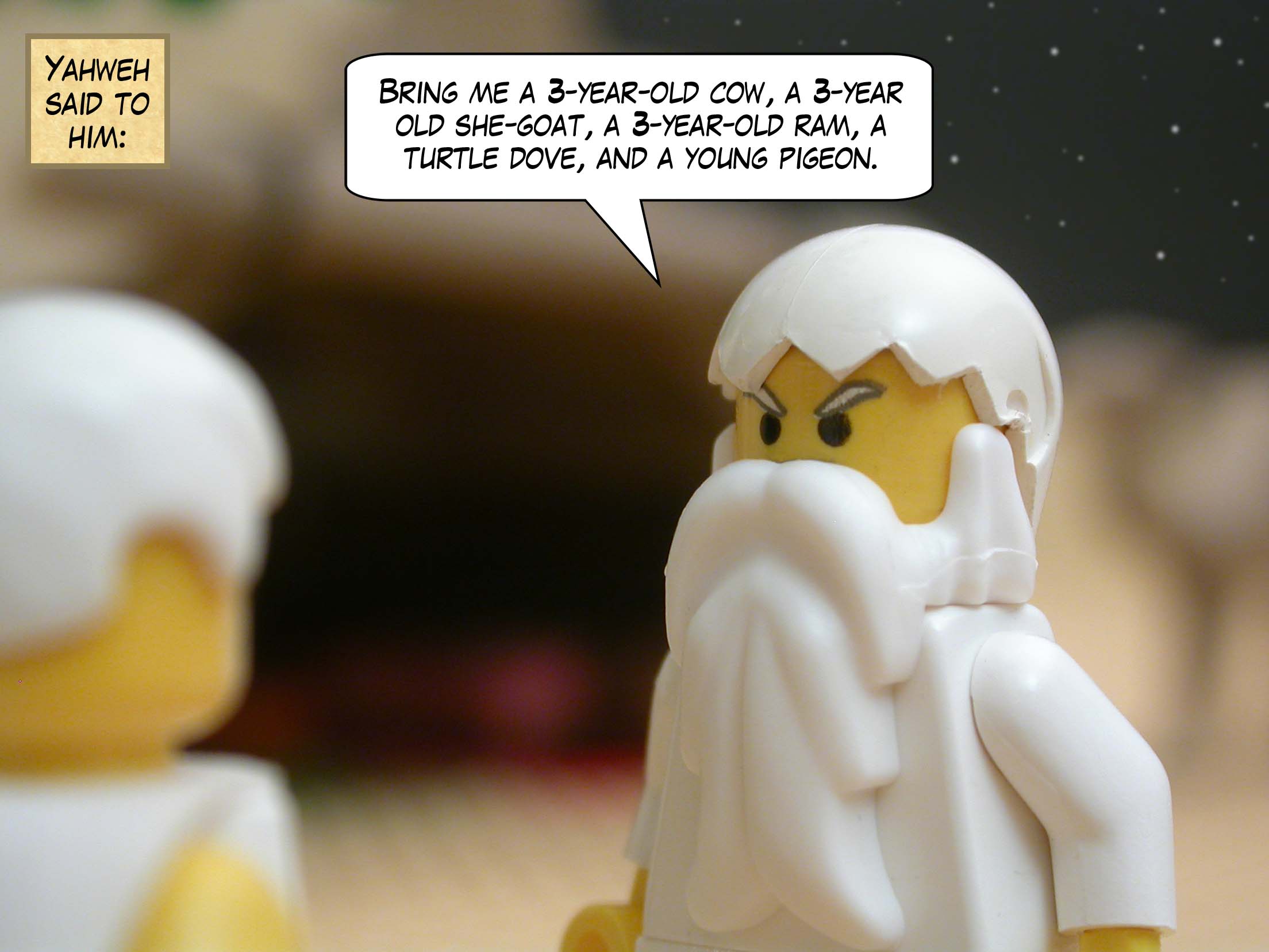 Yahweh said to him, "Bring me a 3-year-old cow, a 3-year old she-goat, a 3-year-old ram, a turtle dove, and a young pigeon."