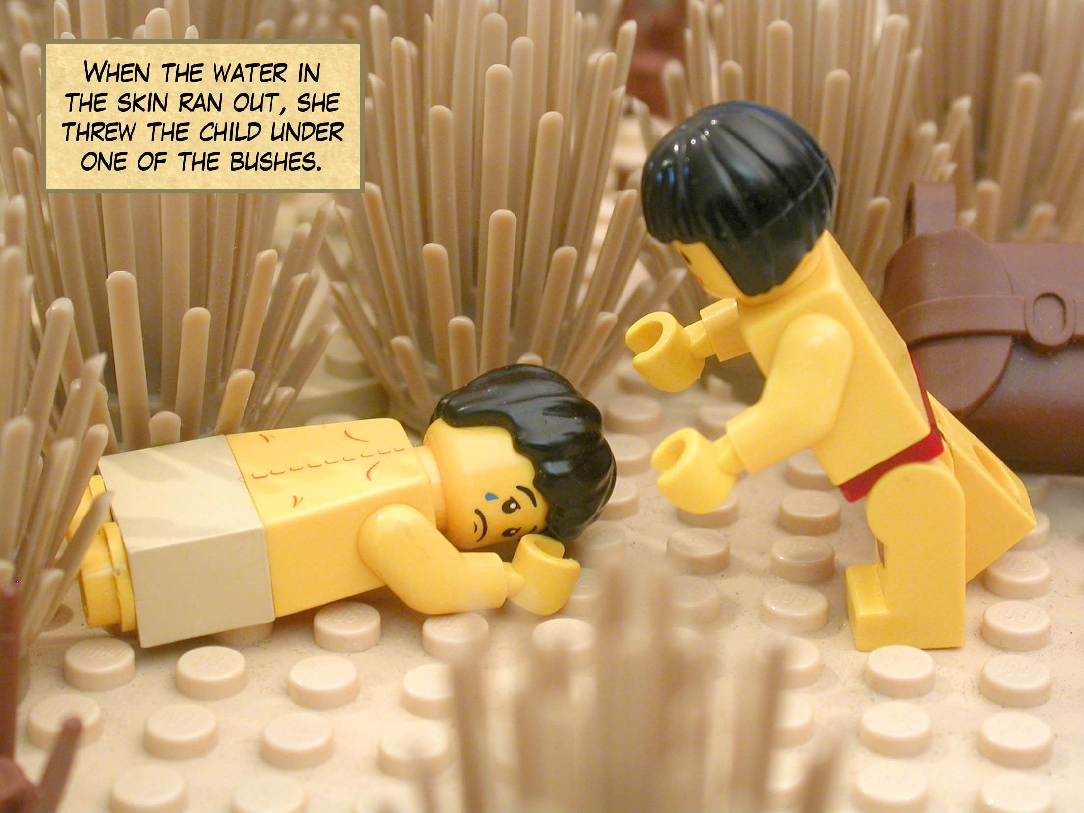 When the water in the skin ran out, she threw the child under one of the bushes.