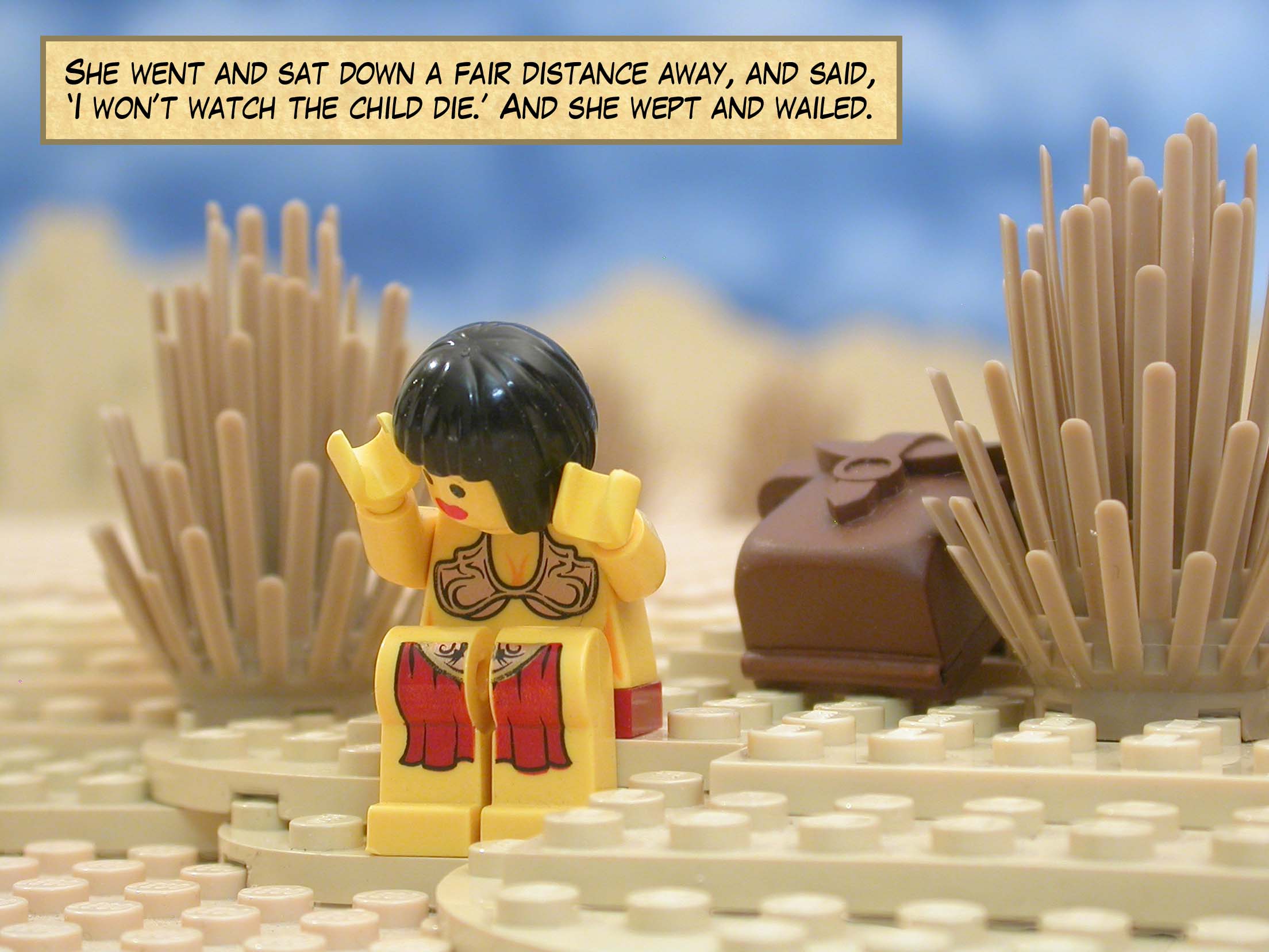 She went and sat down a fair distance away, and said, "I won’t watch the child die." And she wept and wailed.