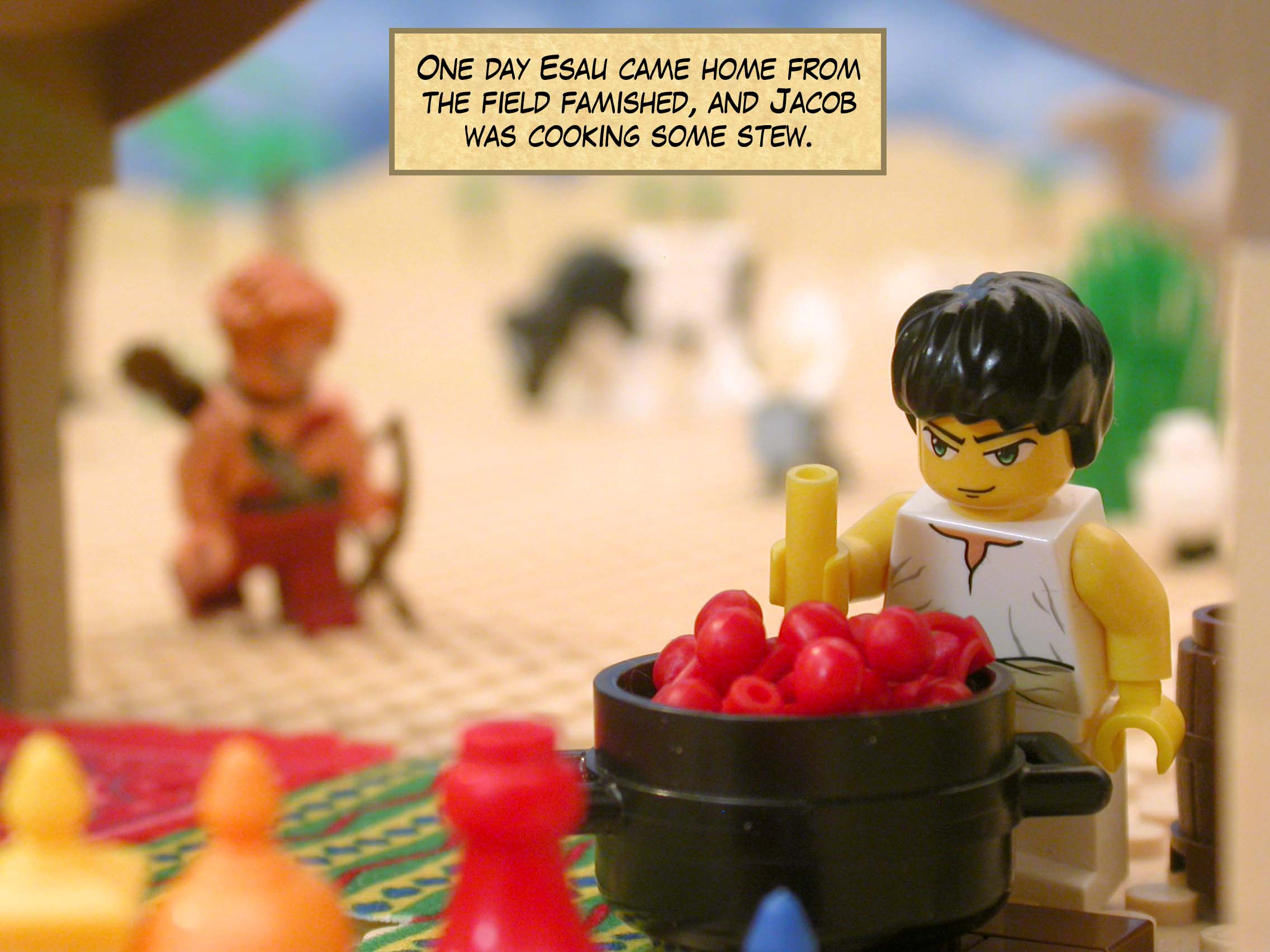 One day Esau came home from the field famished, and Jacob was cooking some stew.