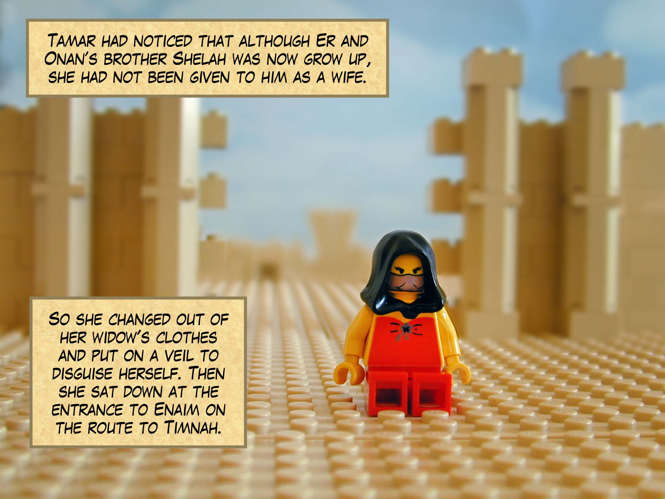 Tamar changed out of her widow's clothes and put on a  veil  to disguise herself, then sat down at the entrance to Enaim on the route to Timnah. She did this because  she saw that, although Er and Onan’s brother Shelah was now grow up, she had not been given to him as a wife.