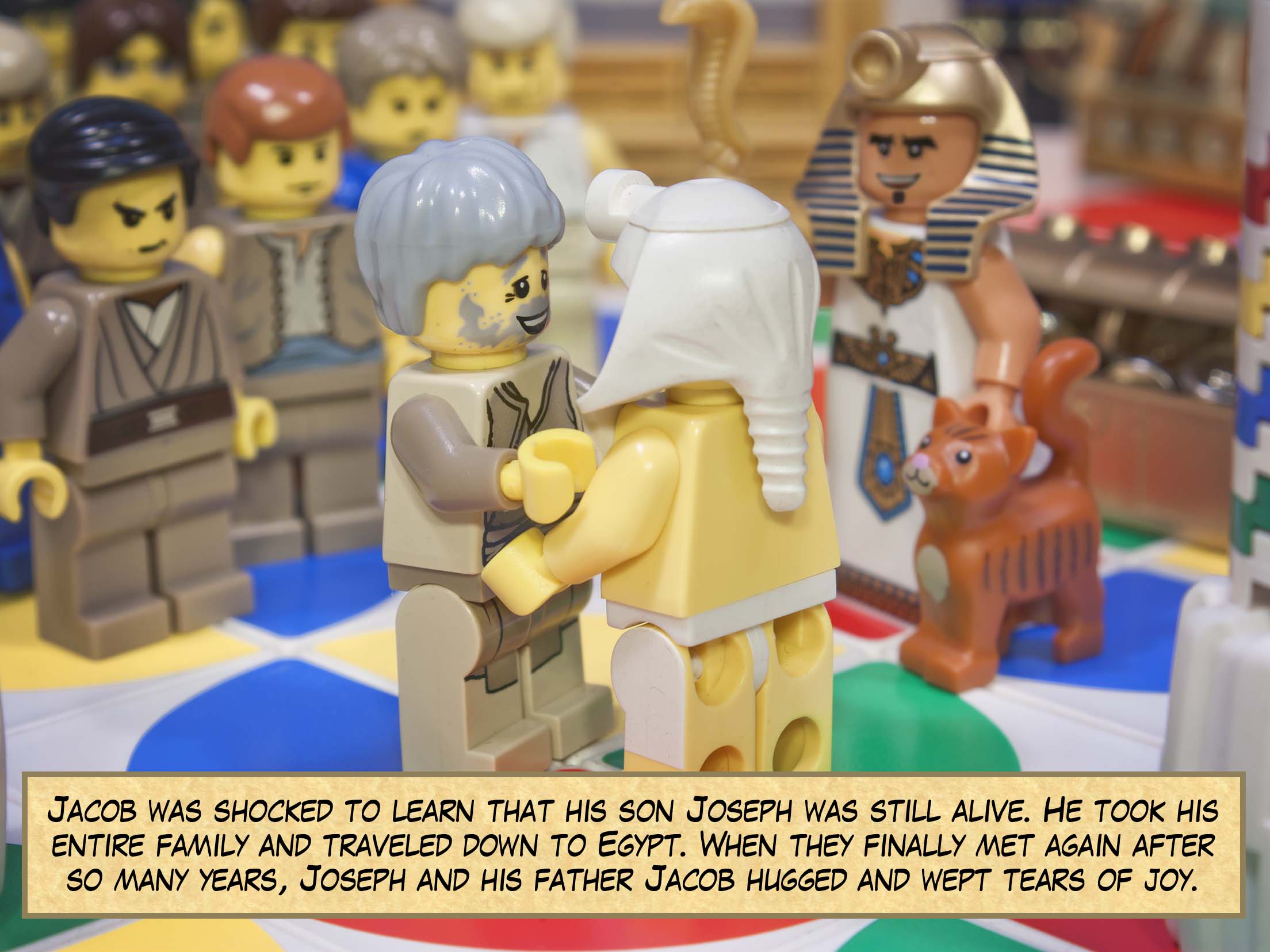 Jacob was shocked to learn that his son Joseph was still alive. He took his entire family and traveled down to Egypt. When they finally met again after so many years, Joseph and his father Jacob hugged and wept tears of joy.