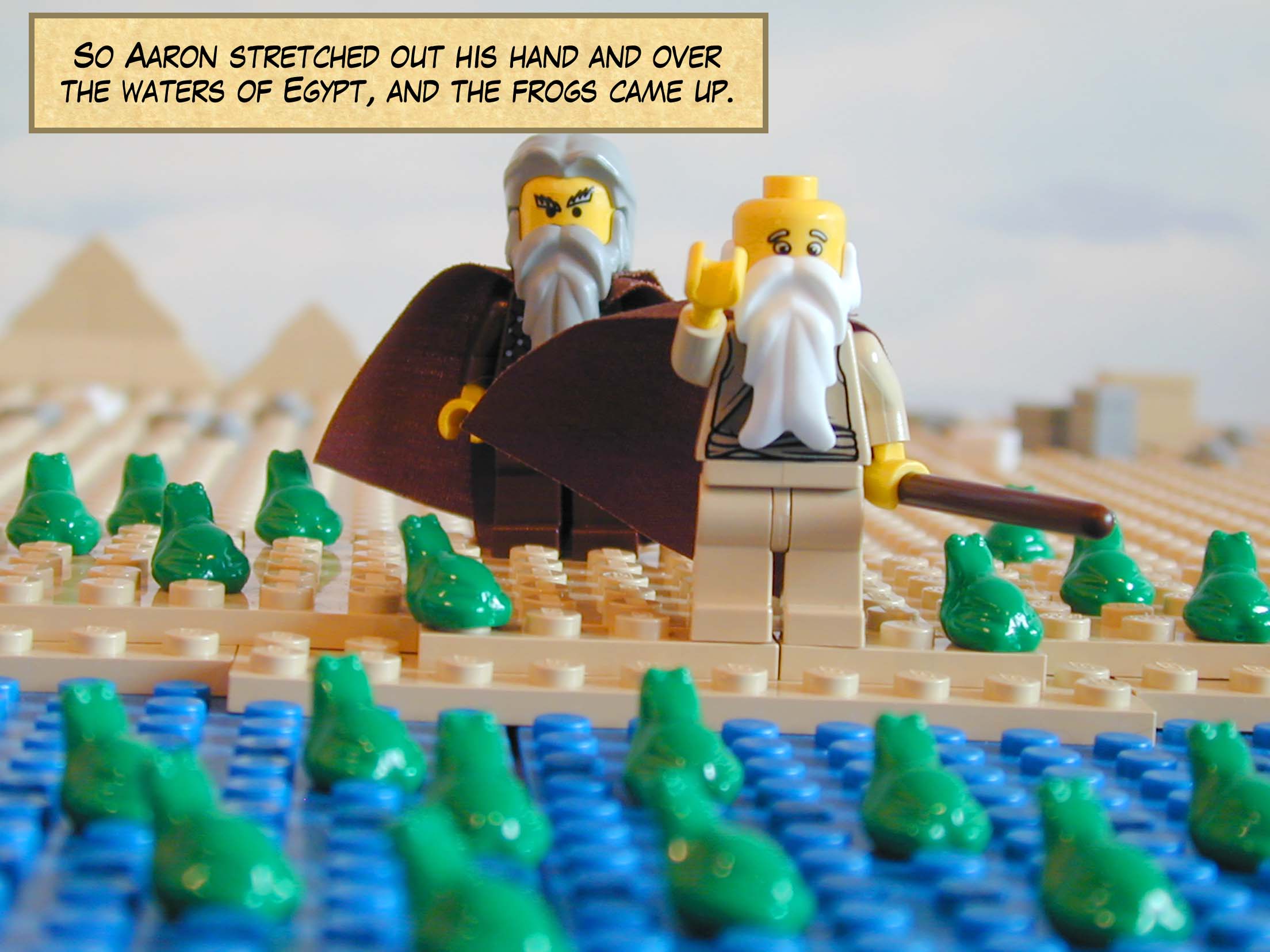 So Aaron stretched out his hand and over the waters of Egypt, and the frogs came up.