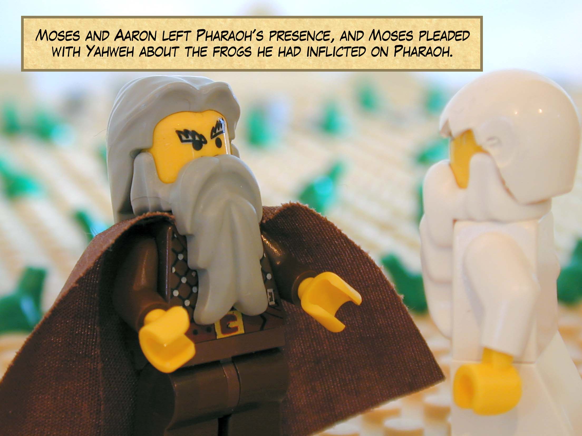 Moses and Aaron left Pharaoh's presence, and Moses pleaded with Yahweh about the frogs he had inflicted on Pharaoh.