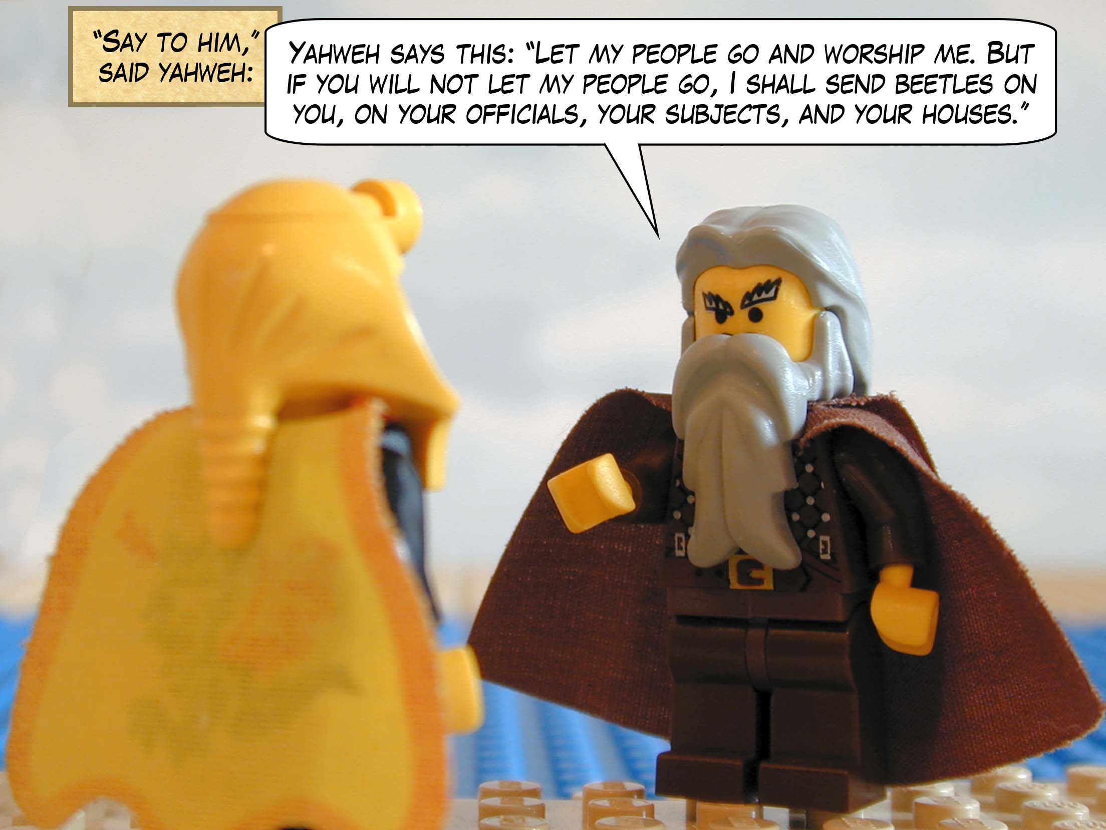 Say to him, "Yahweh says this: 'Let my people go and worship me. But if you will not let my people go, I shall send beetles on you, on your officials, your subjects, and your houses.'"