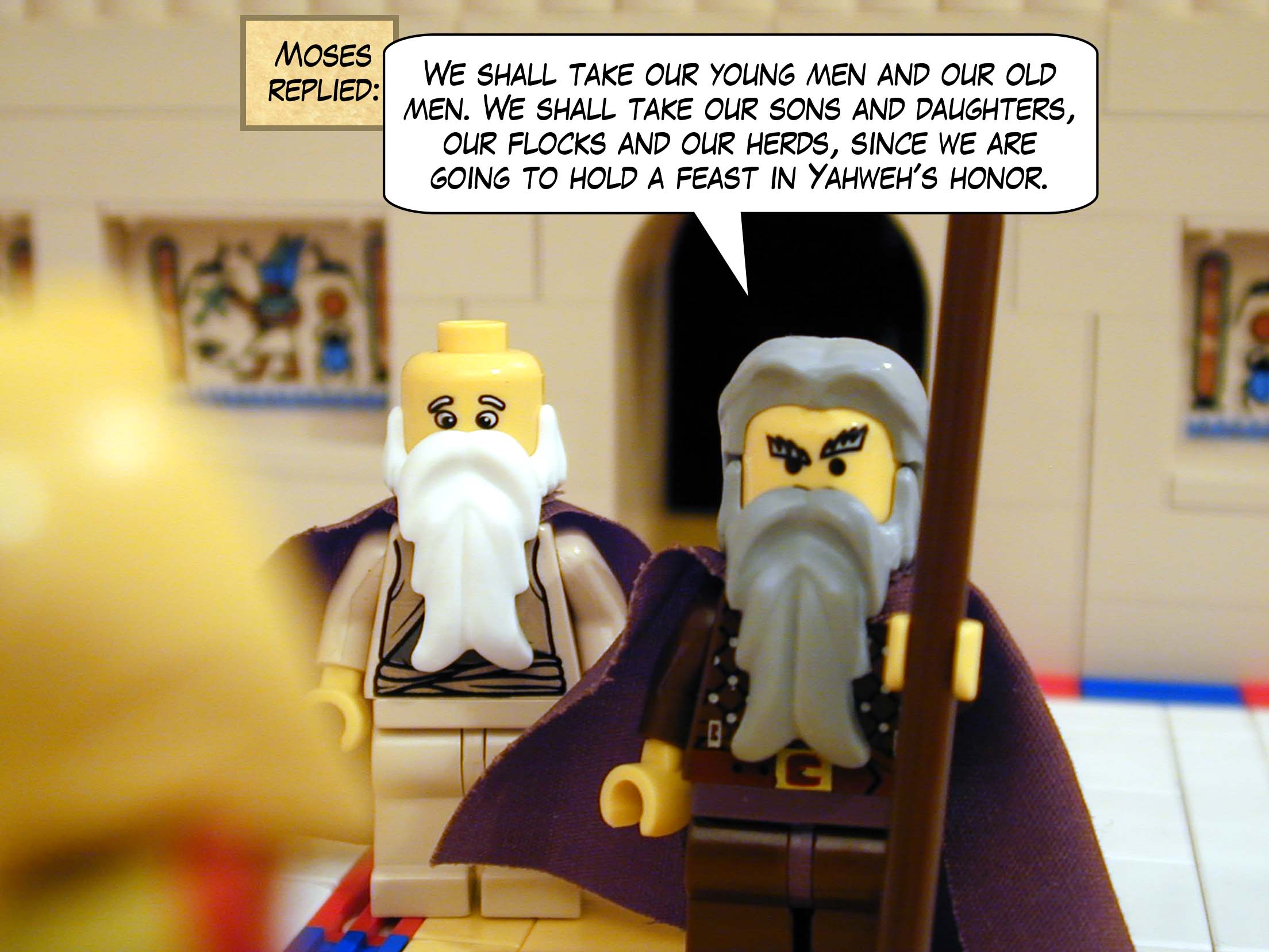 Moses replied, 'We shall take our young men and our old men. We shall take our sons and daughters, our flocks and our herds, since we are going to hold a feast in Yahweh's honour.'
