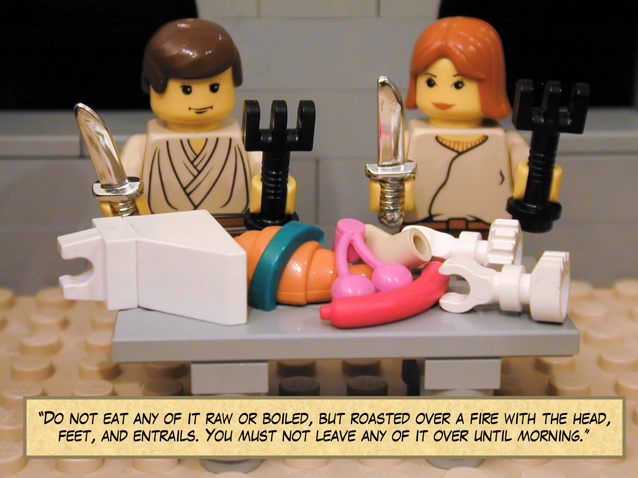 'Do not eat any of it raw or boiled, but roasted over a fire with the head, feet, and entrails. You must not leave any of it over until morning.'