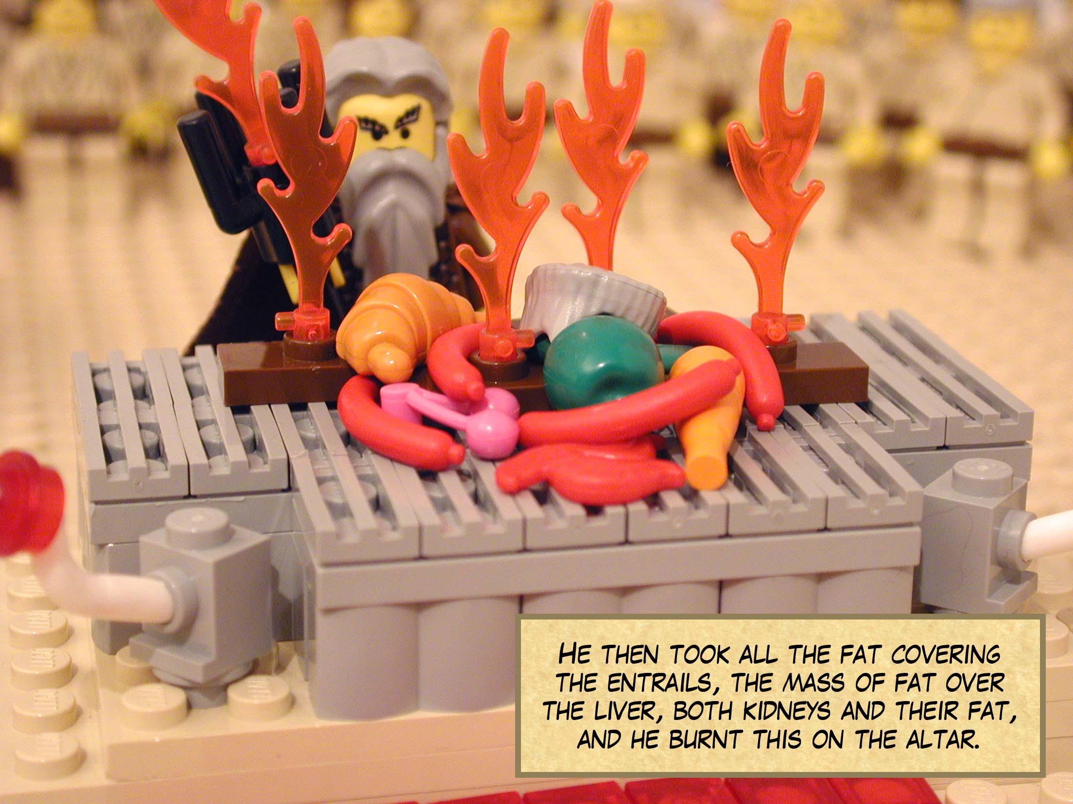 He then took all the fat covering the entrails, the mass of fat over the liver, both kidneys and their fat, and he burnt this on the altar.