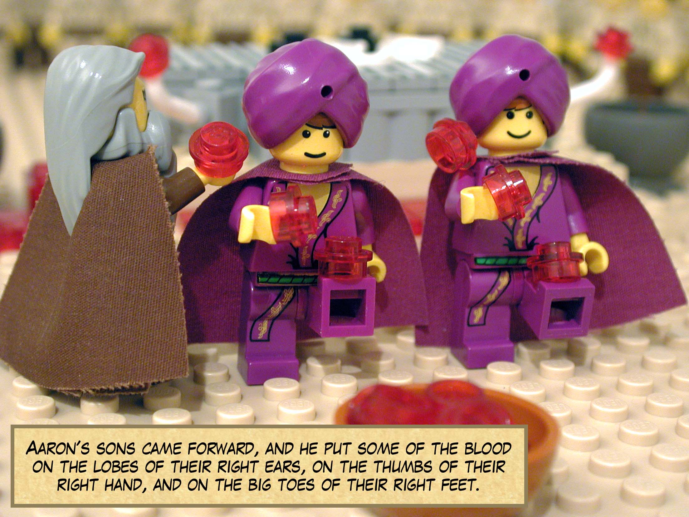 Aaron's sons came forward, and he put some of the blood on the lobes of their right ears, on the thumbs of their right hand, and on the big toes of their right feet.