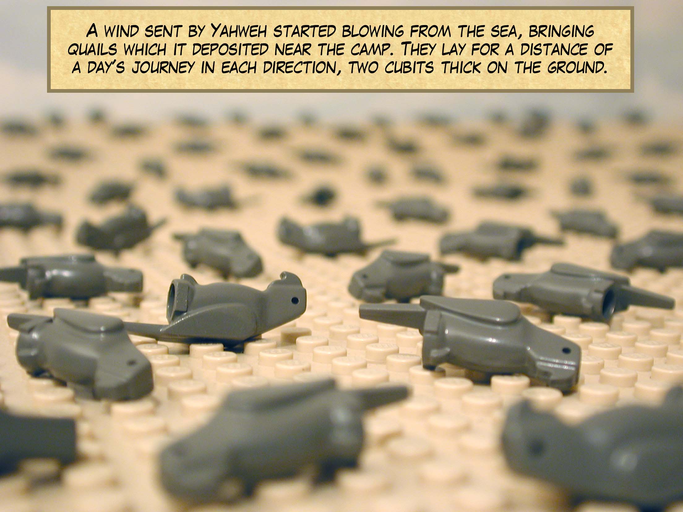 A wind sent by Yahweh started blowing from the sea, bringing quails which it deposited near the camp. They lay for a distance of a day's journey in each direction, two cubits thick on the ground.