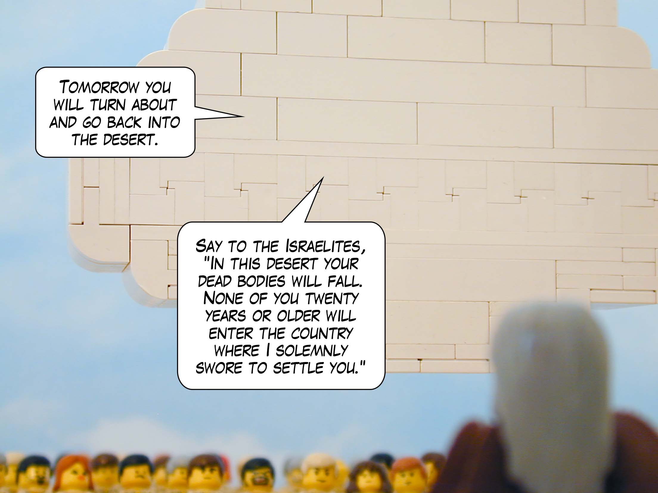 Tomorrow you will turn about and go back into the desert. Say to the Israelites, "In this desert your dead bodies will fall. None of you twenty years or older will enter the country where I solemnly swore to settle you."