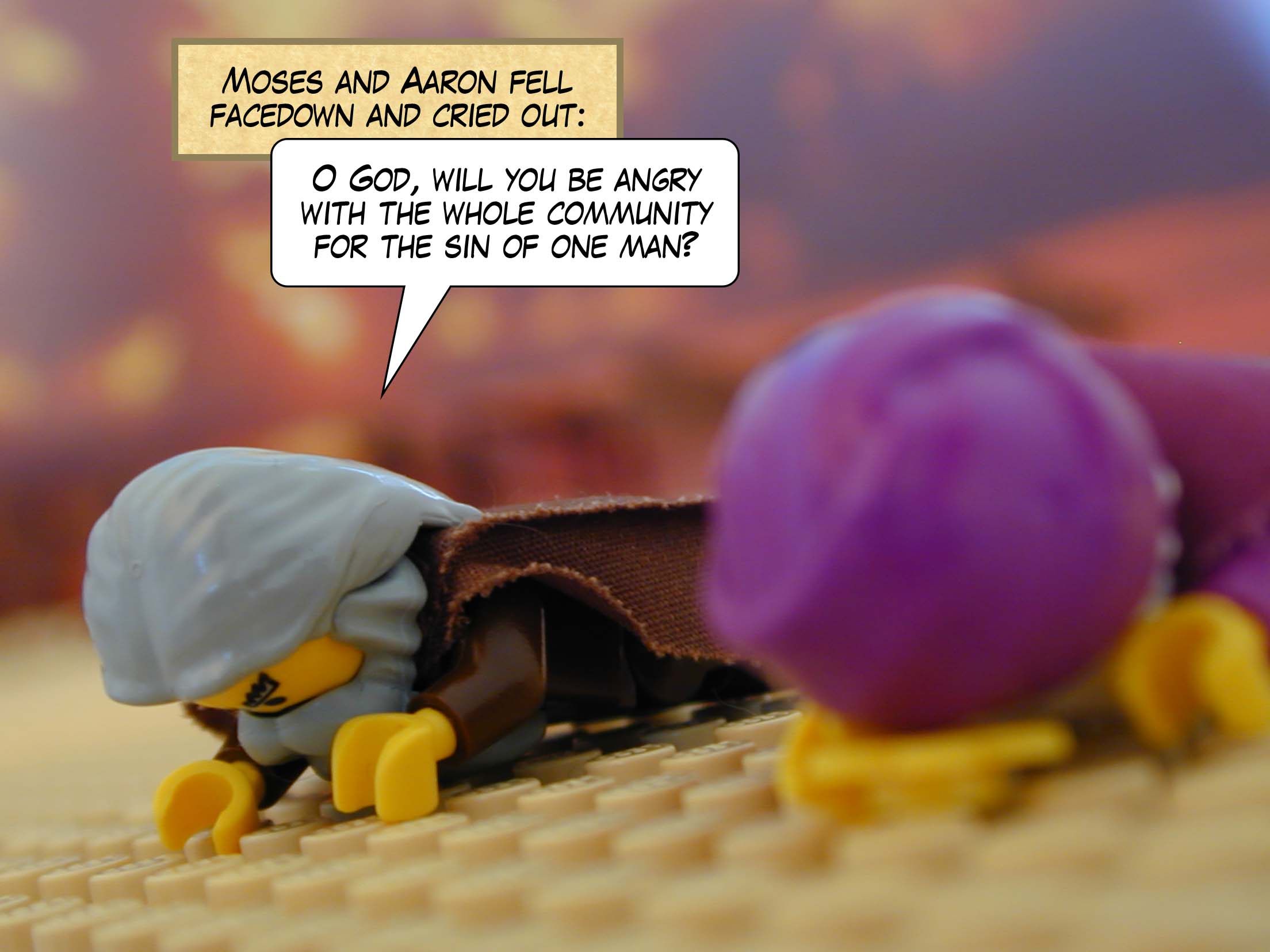 Moses and Aaron fell facedown and cried out, 'O God, will you be angry with the whole community for the sin of one man?'