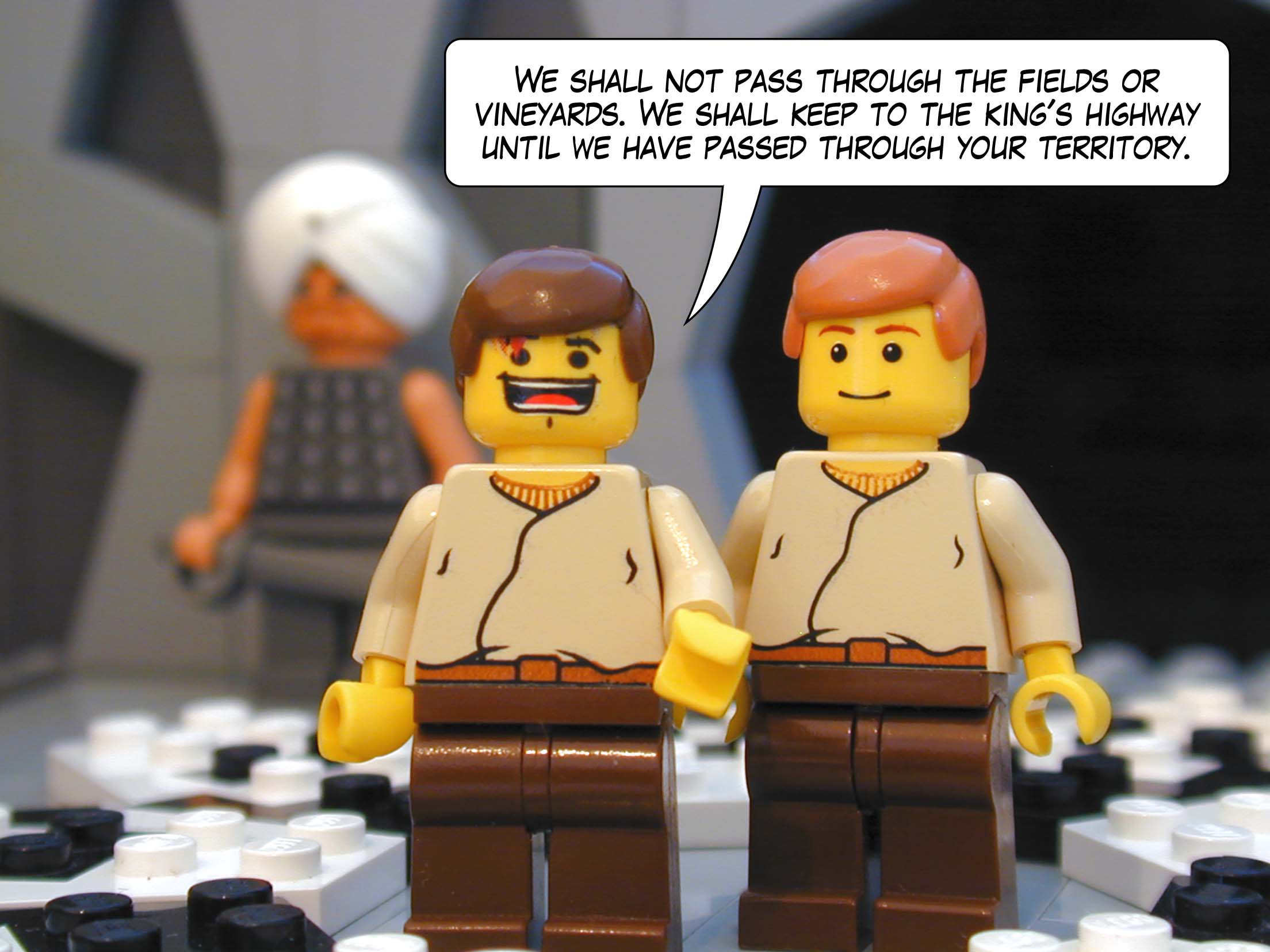 'We shall not pass through the fields or vineyards. We shall keep to the king's highway until we have passed through your territory.'