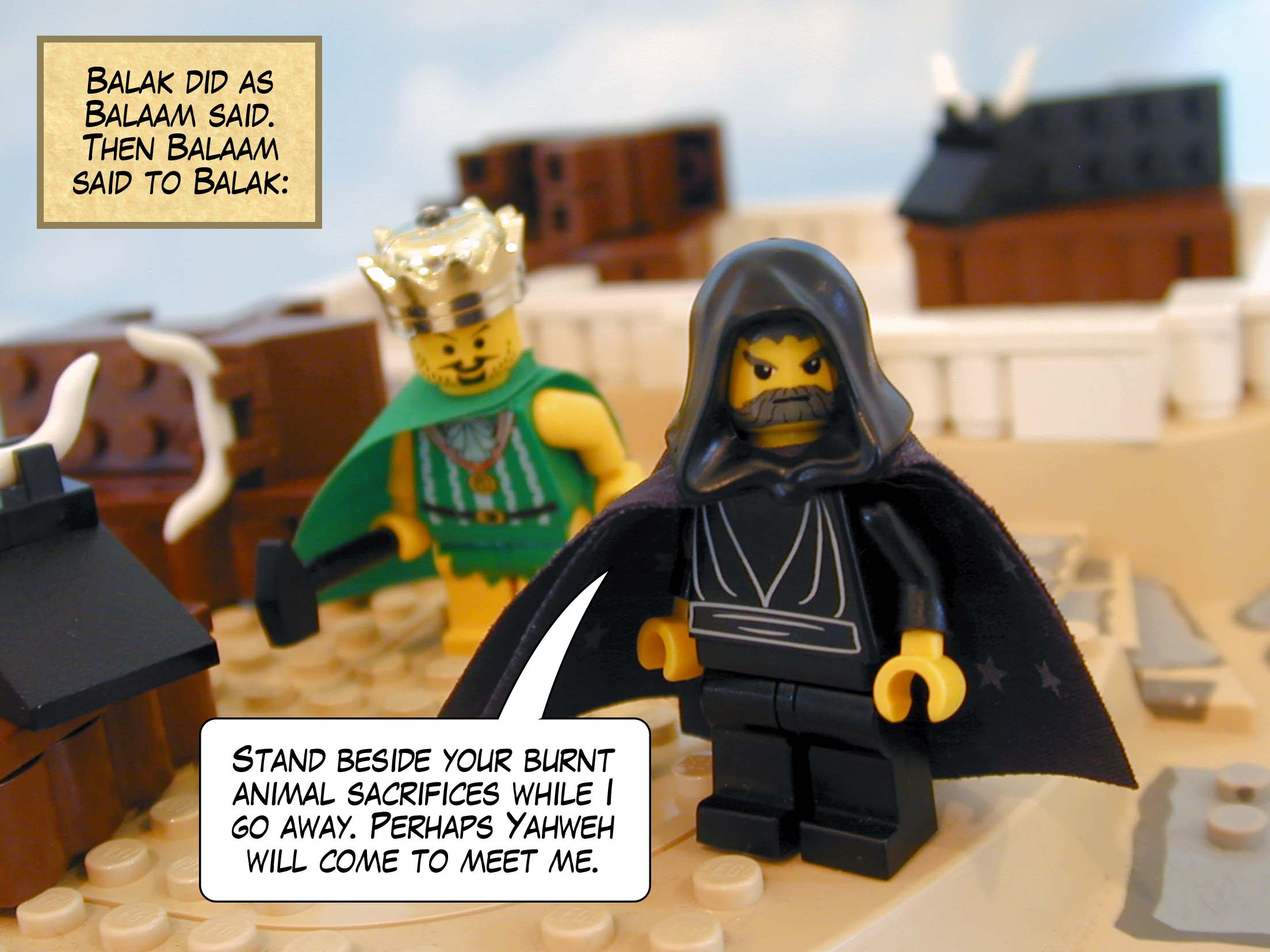 Balak did as Balaam said. Then Balaam said to Balak, 'Stand beside your burnt animal sacrifices while I go away. Perhaps Yahweh will come to meet me.'