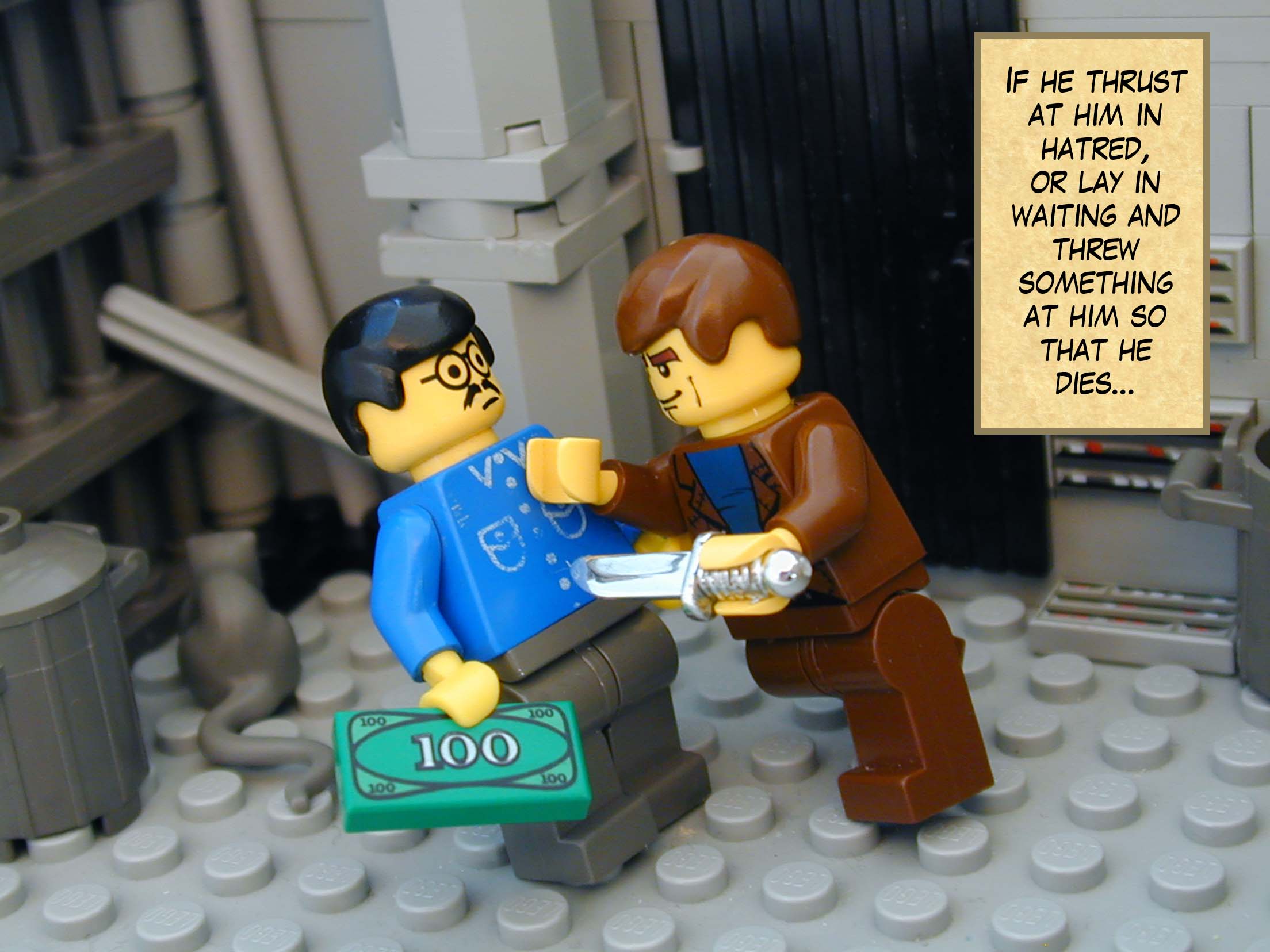 'If he thrust at him in hatred, or lay in waiting and threw something at him so that he dies...'