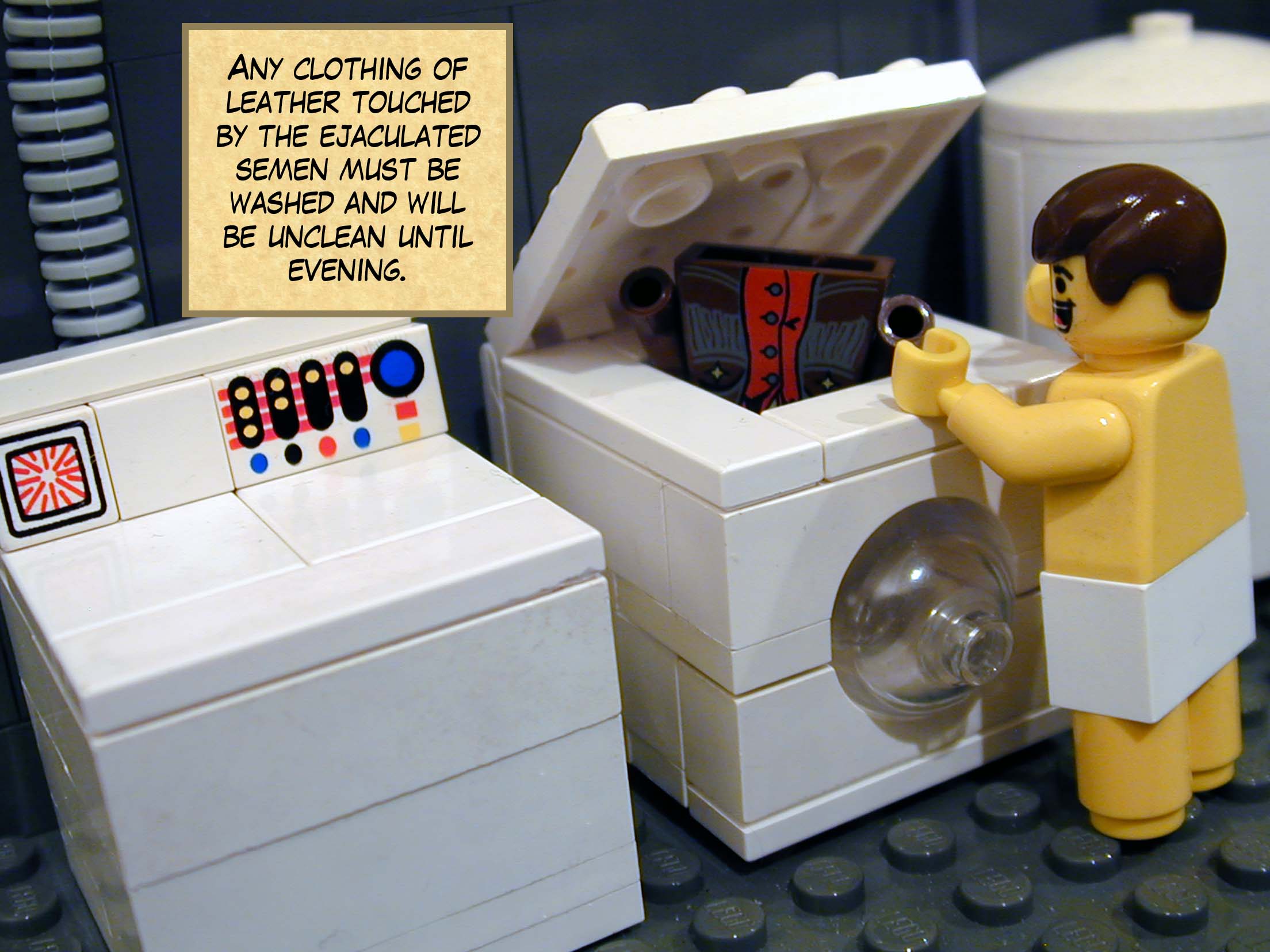'Any clothing of leather touched by the ejaculated semen must be washed and will be unclean until evening.'