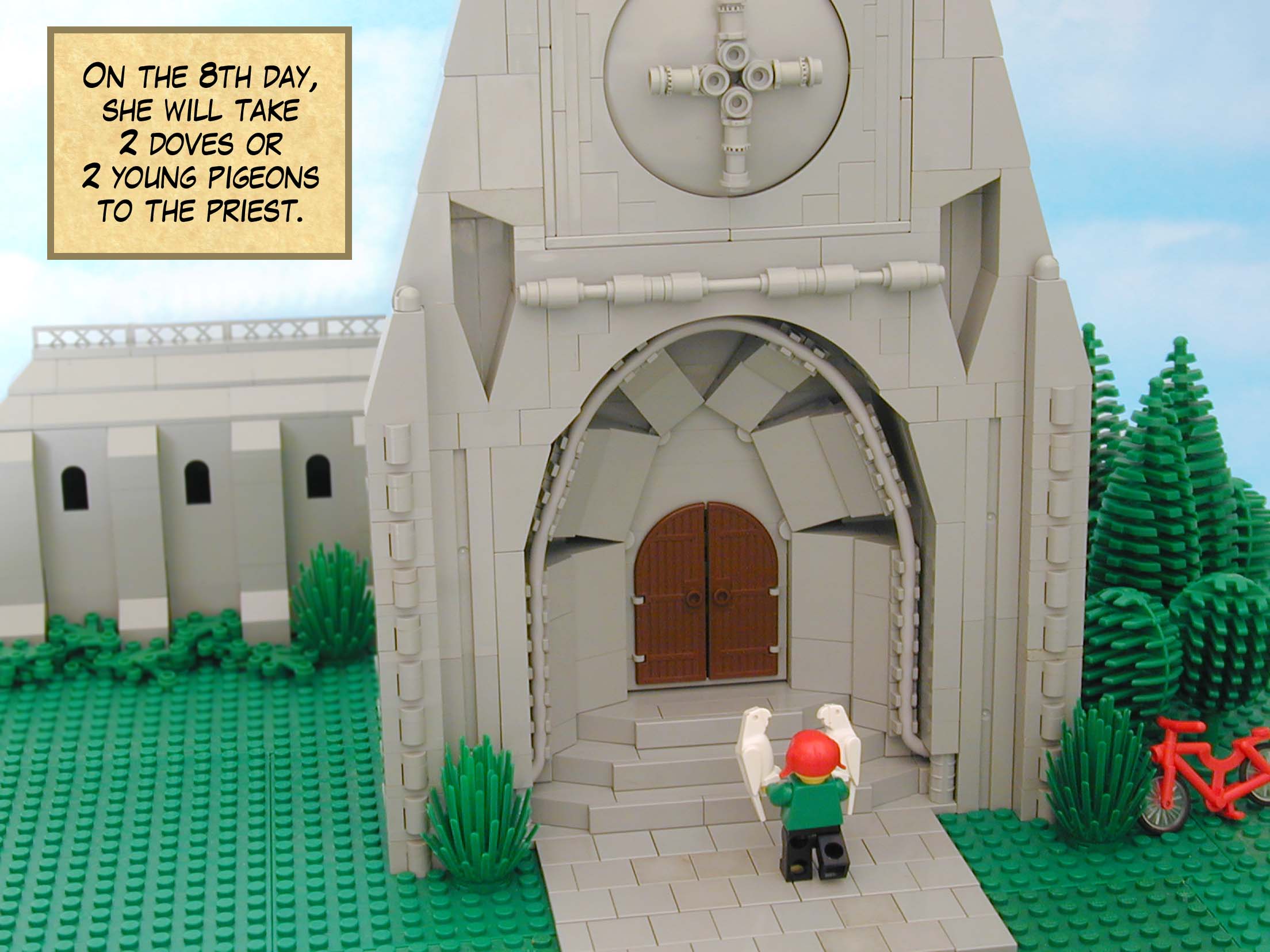 'On the eighth day, she will take two doves or two young pigeons to the priest.'