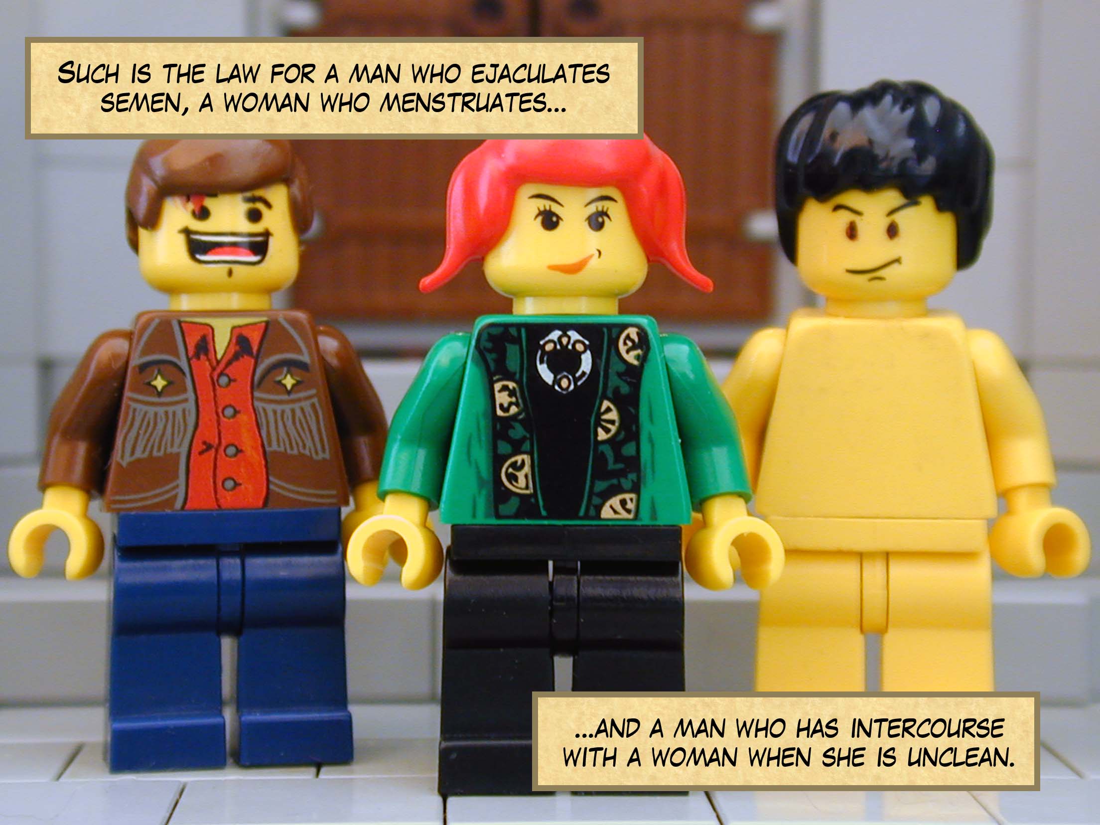 'Such is the law for a man who ejaculates semen, a woman who menstruates, and a man who has intercourse with a woman when she is unclean.'