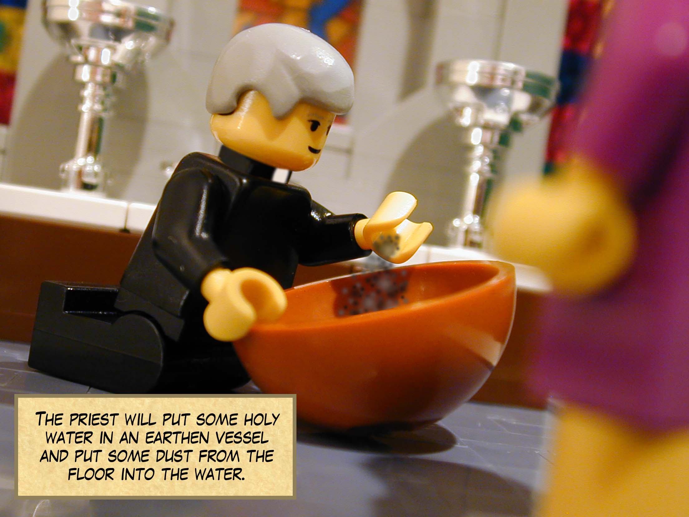 'The priest will put some holy water in an earthen vessel and put some dust from the floor into the water.'