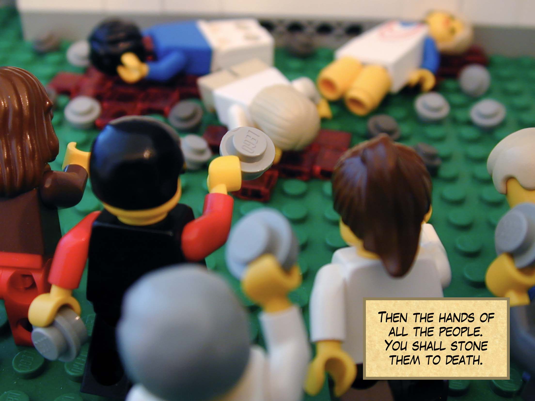 'Then the hands of all the people. You shall stone them to death.'