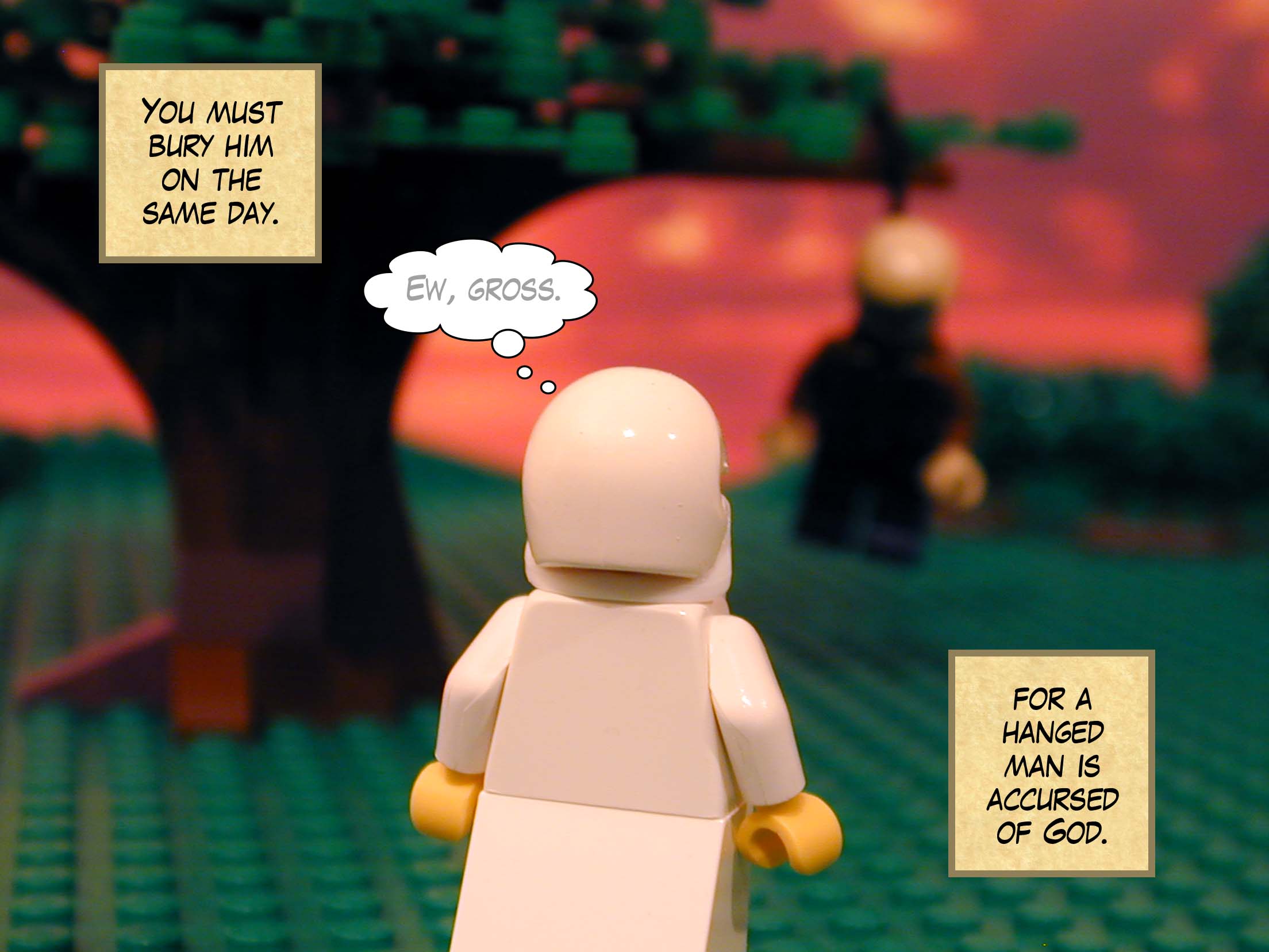 'You must bury him on the same day, for a hanged man is accursed of God.'