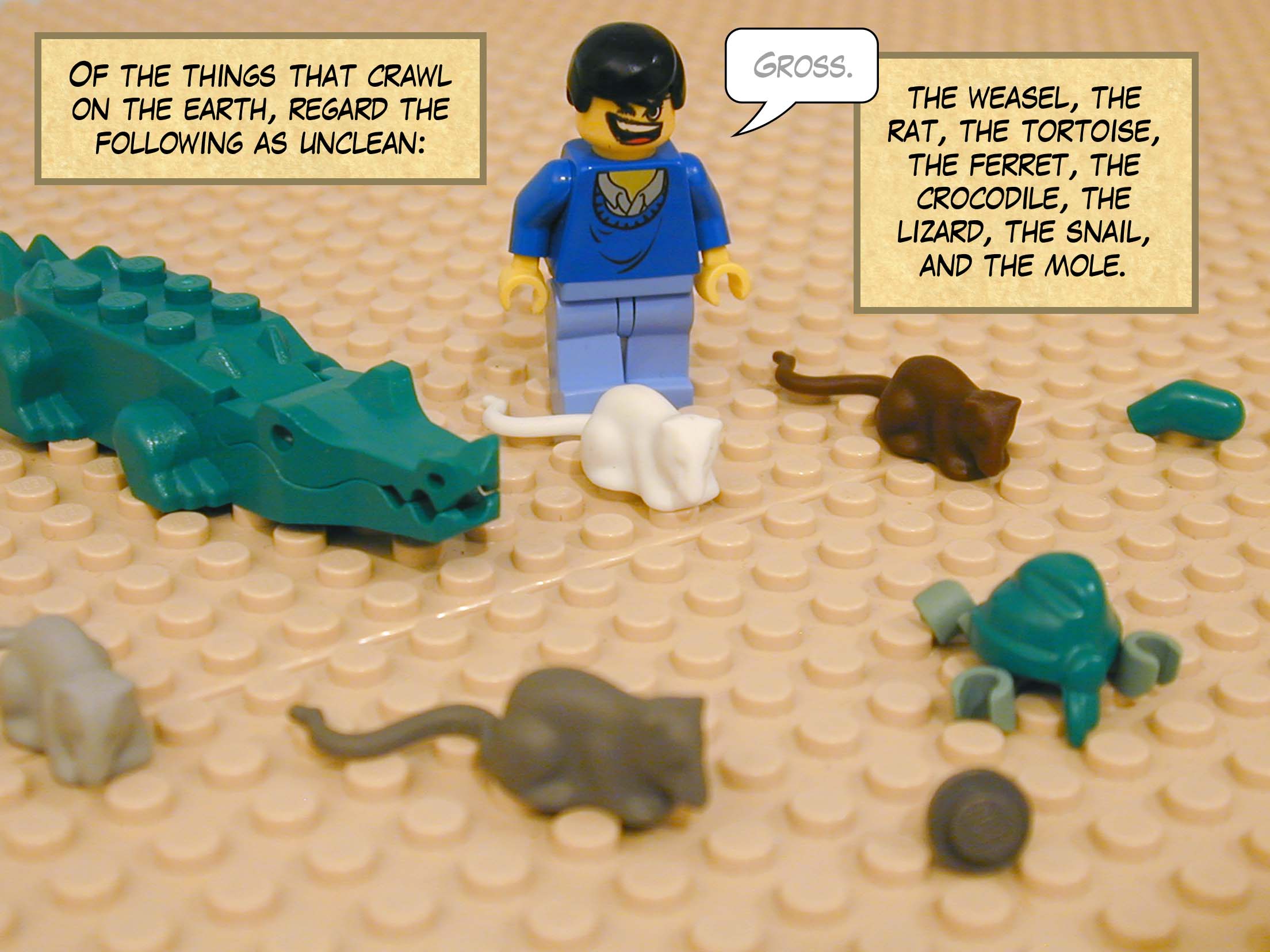 'Of the crawling things that crawl on the earth, regard the following as unclean: the weasel, the rat, the tortoise, the ferret, the crocodile, the lizard, the snail, and the mole.'