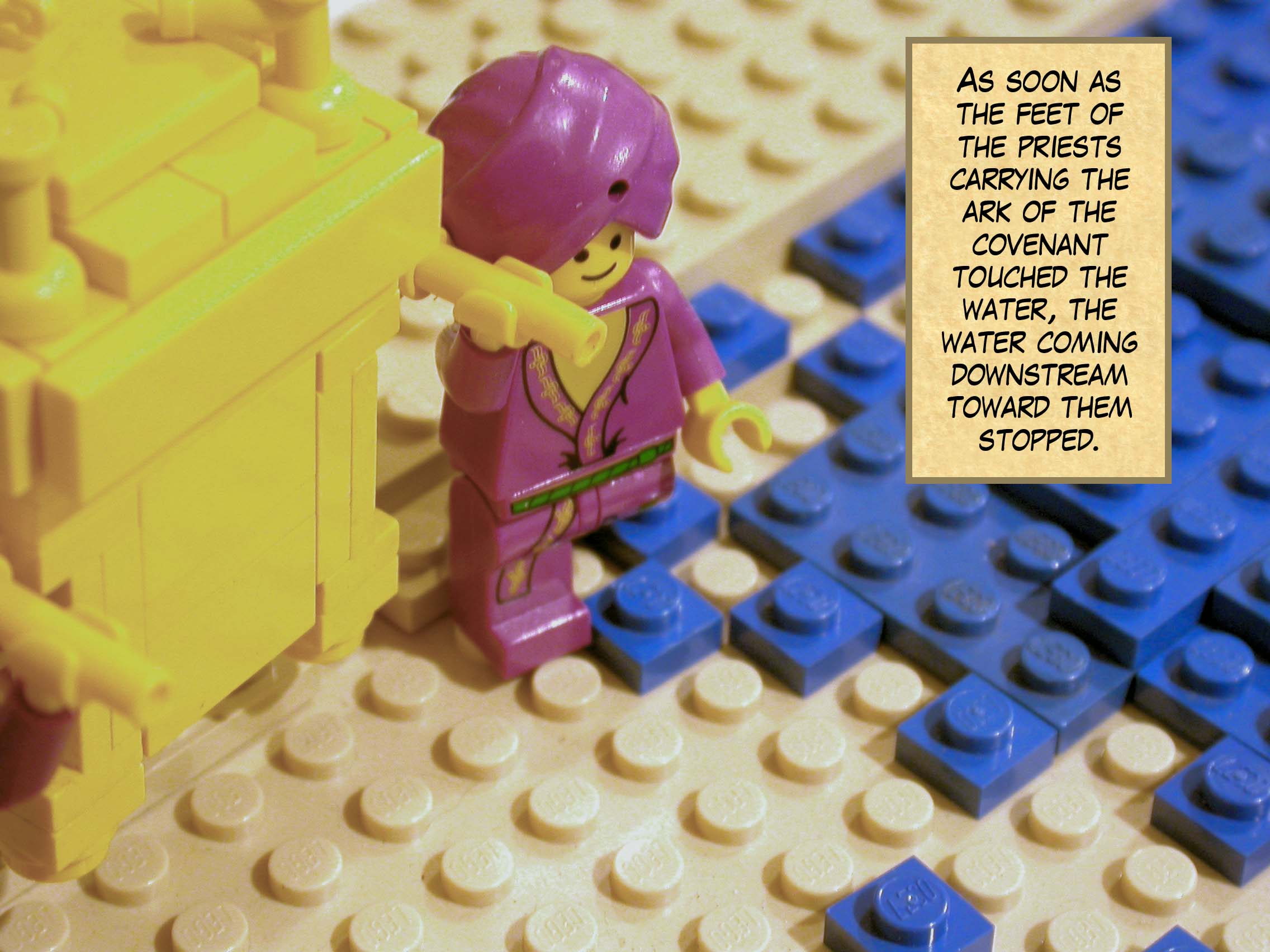 As soon as the feet of the priests carrying the ark of the covenant touched the water, the water coming downstream toward them stopped.