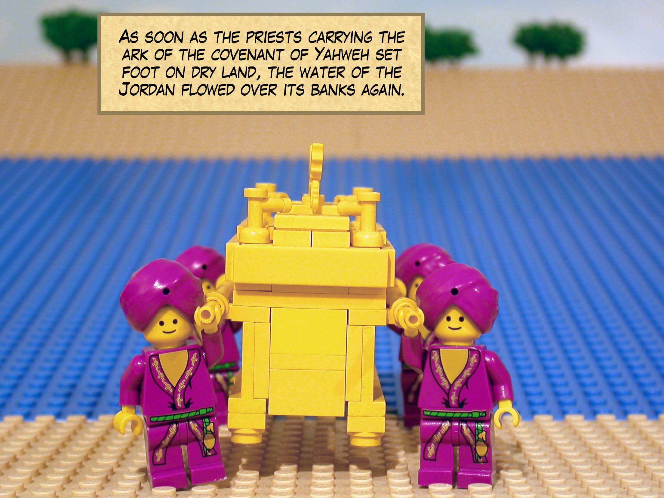 As soon as the priests carrying the ark of the covenant of Yahweh set foot on dry land, the water of the Jordan flowed over its banks again.