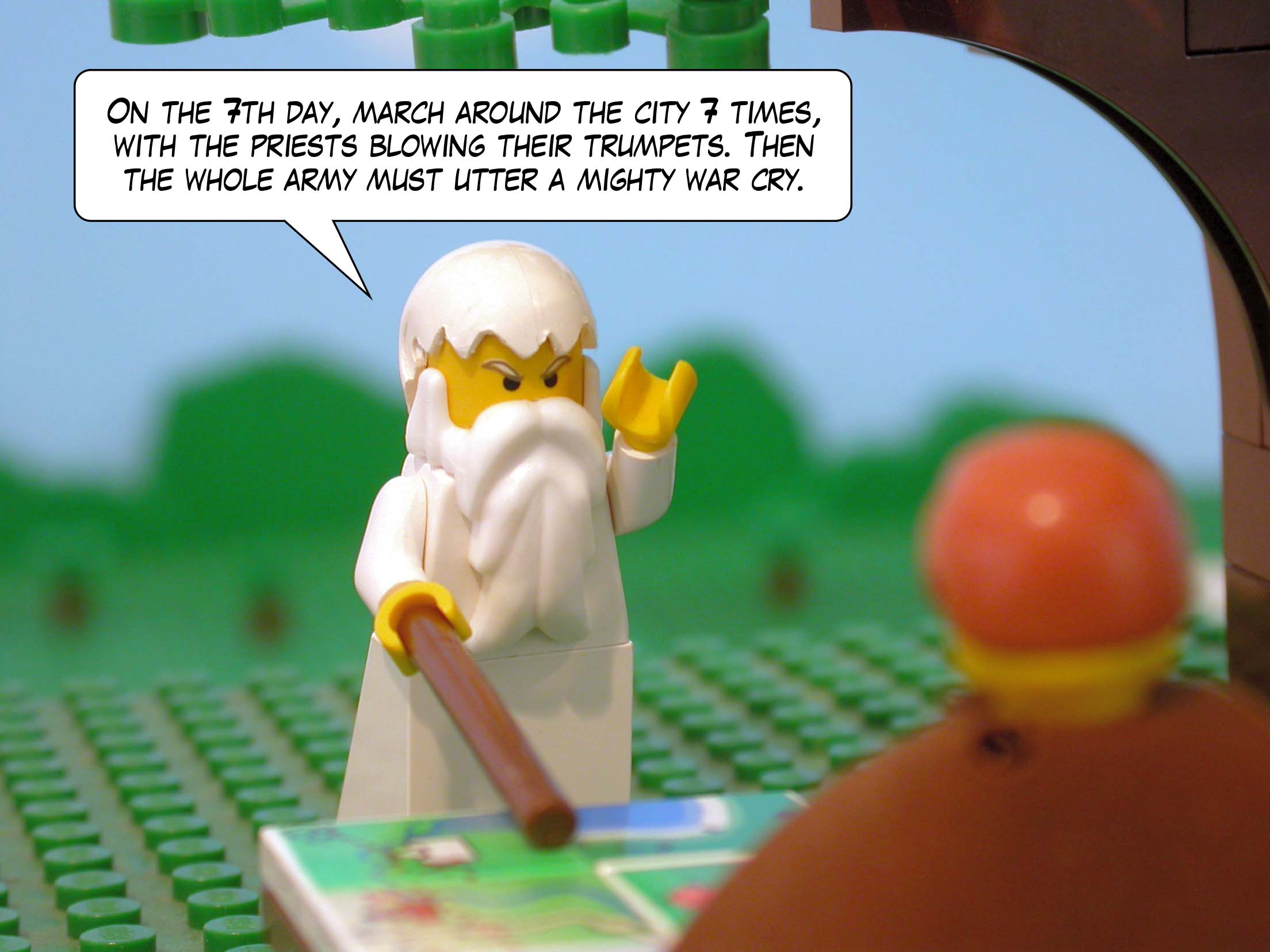 'On the seventh day, march around the city seven times, with the priests blowing their trumpets. Then the whole army must utter a mighty war cry.'