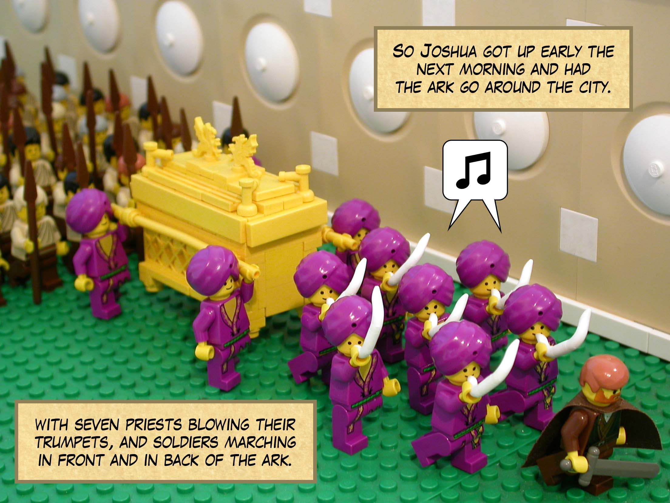 So Joshua got up early the next morning and had the ark go around the city with seven priests blowing their trumpets, and soldiers marching in front and in back of the ark.