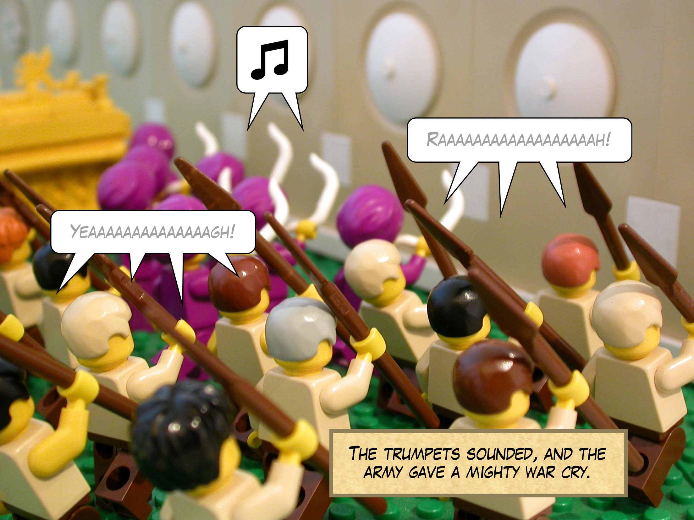 The trumpets sounded, and the army gave a mighty war cry.
