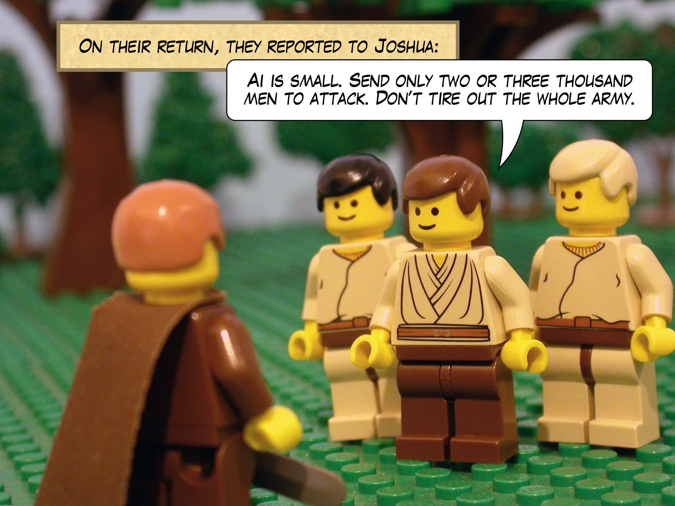 On their return, they reported to Joshua, 'Ai is small. Send only two or three thousand men to attack. Dont tire out the whole army.'