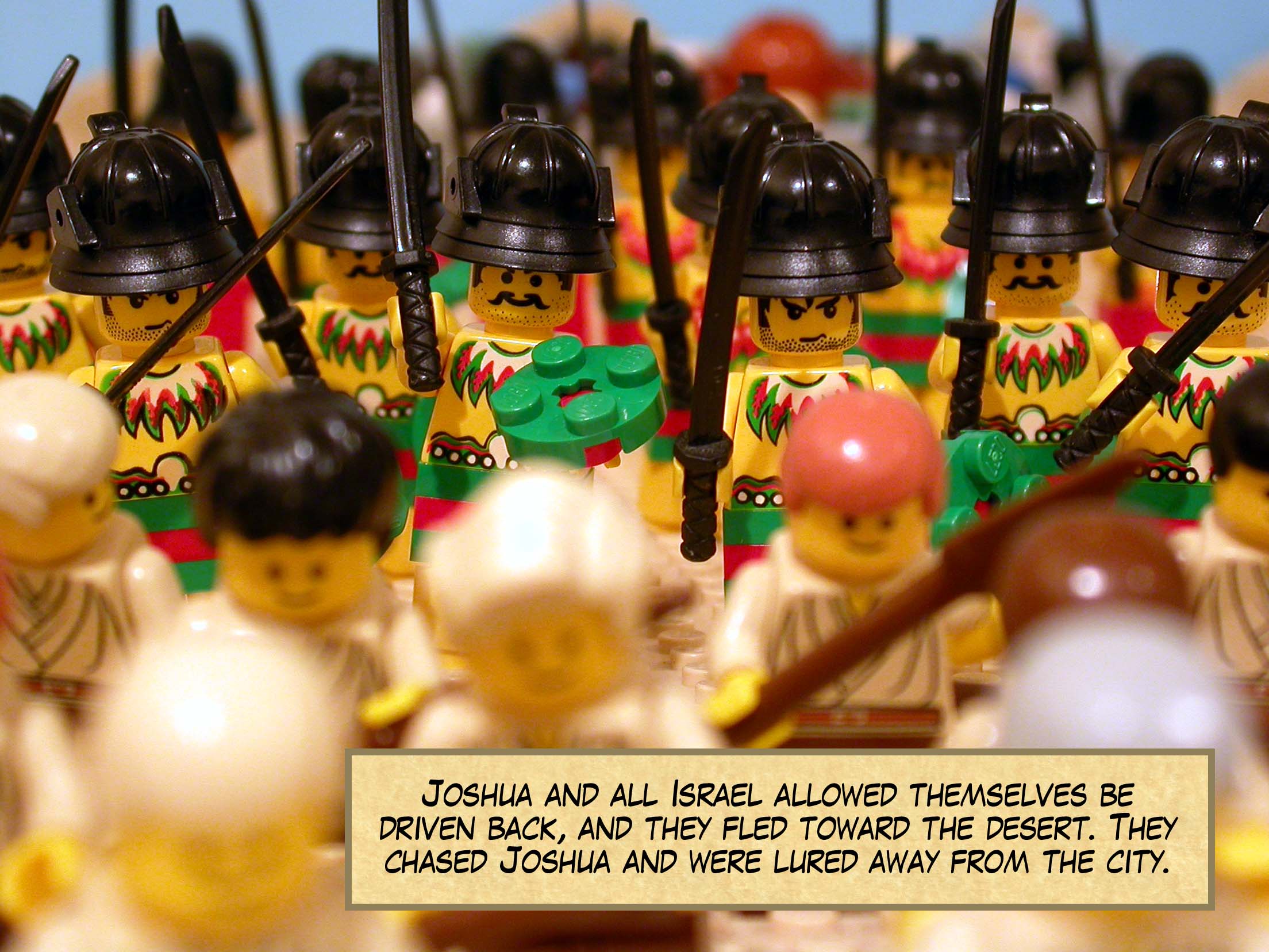 Joshua and all Israel allowed themselves be driven back, and they fled toward the desert. They chased Joshua and were lured away from the city.