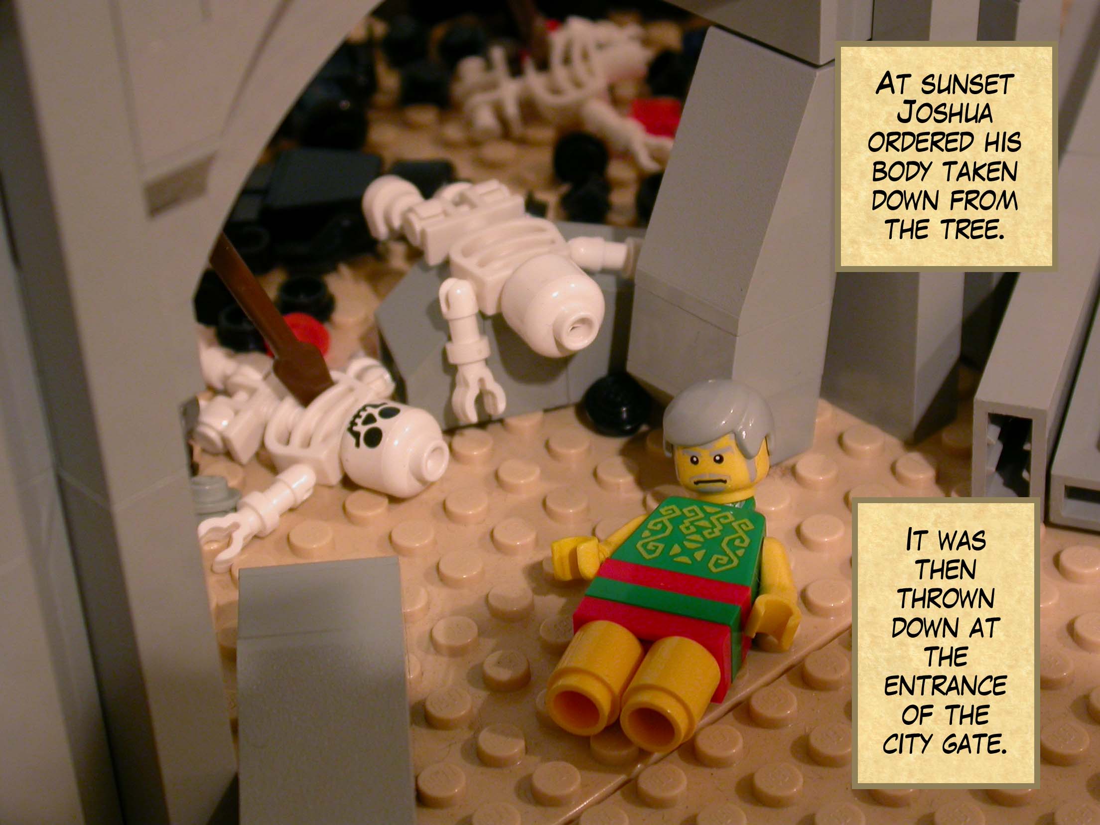 At sunset Joshua ordered his body taken down from the tree. It was then thrown down at the entrance of the city gate.