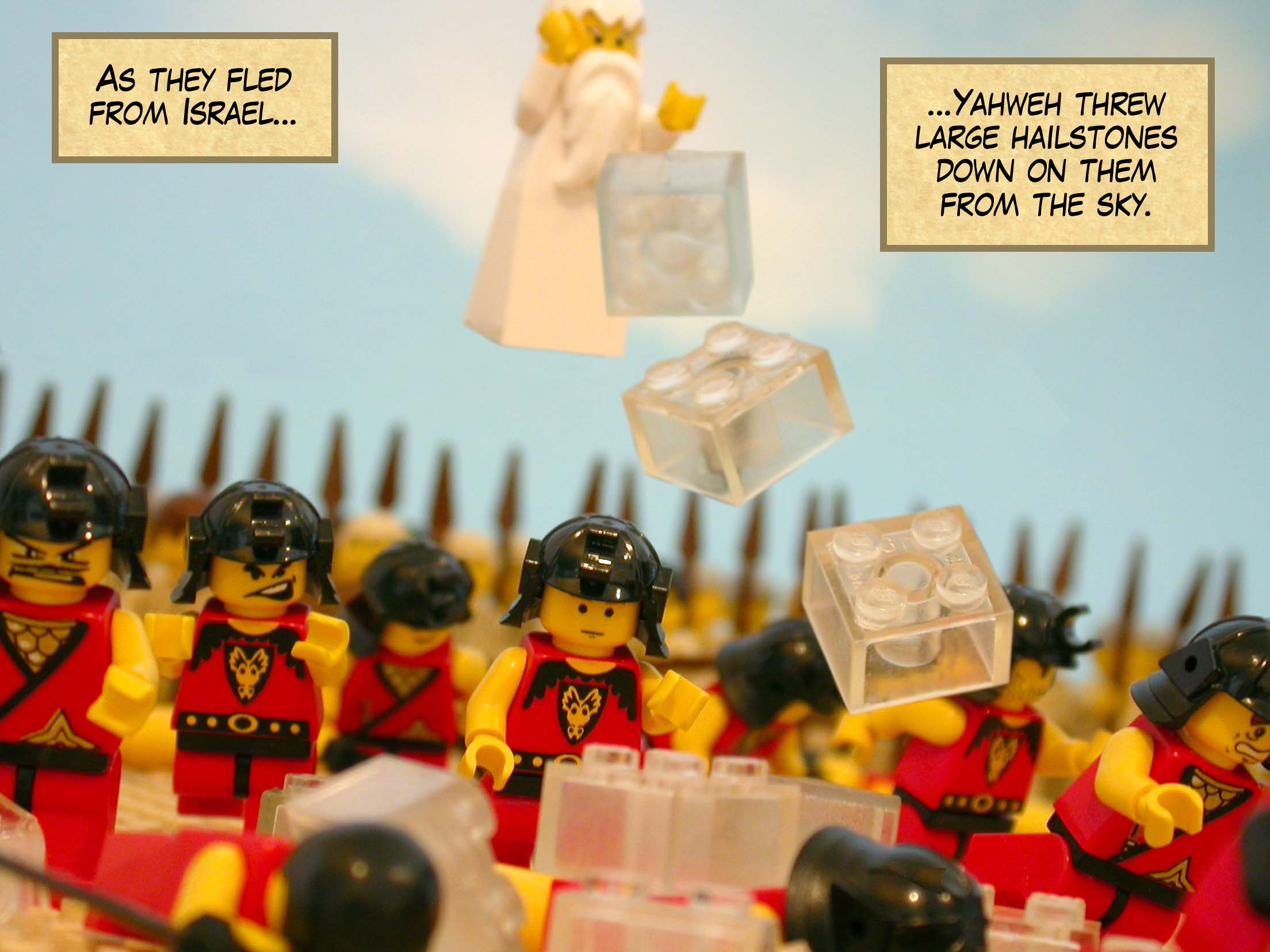 As they fled from Israel, Yahweh threw large hailstones down on them from the sky.