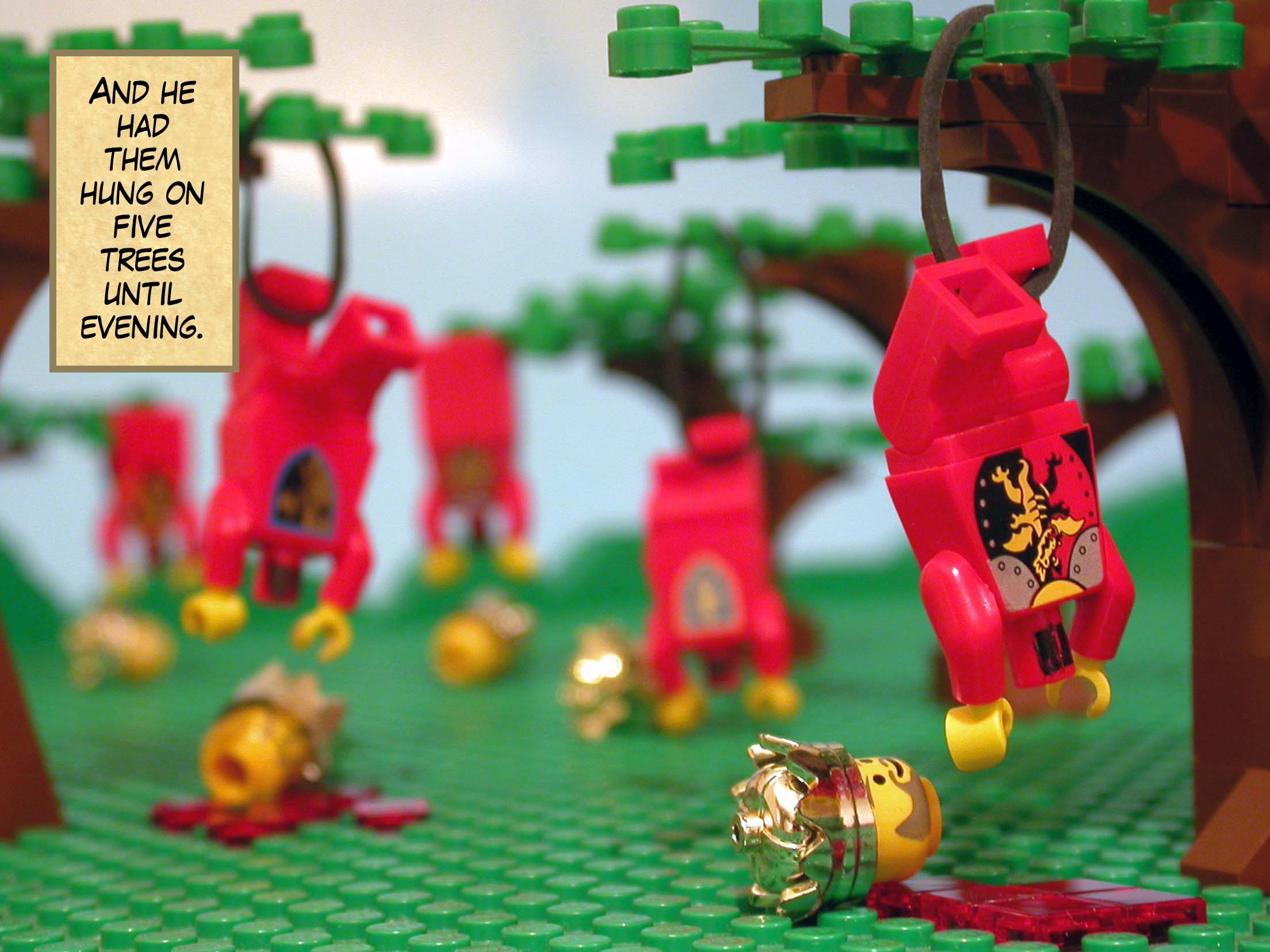 And he had them hung on five trees until evening.