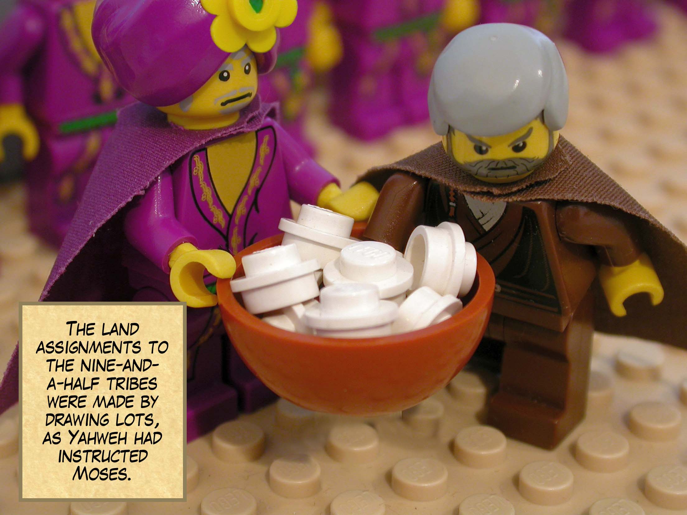 The land assignments to the nine-and-a-half tribes were made by drawing lots, as Yahweh had instructed Moses.