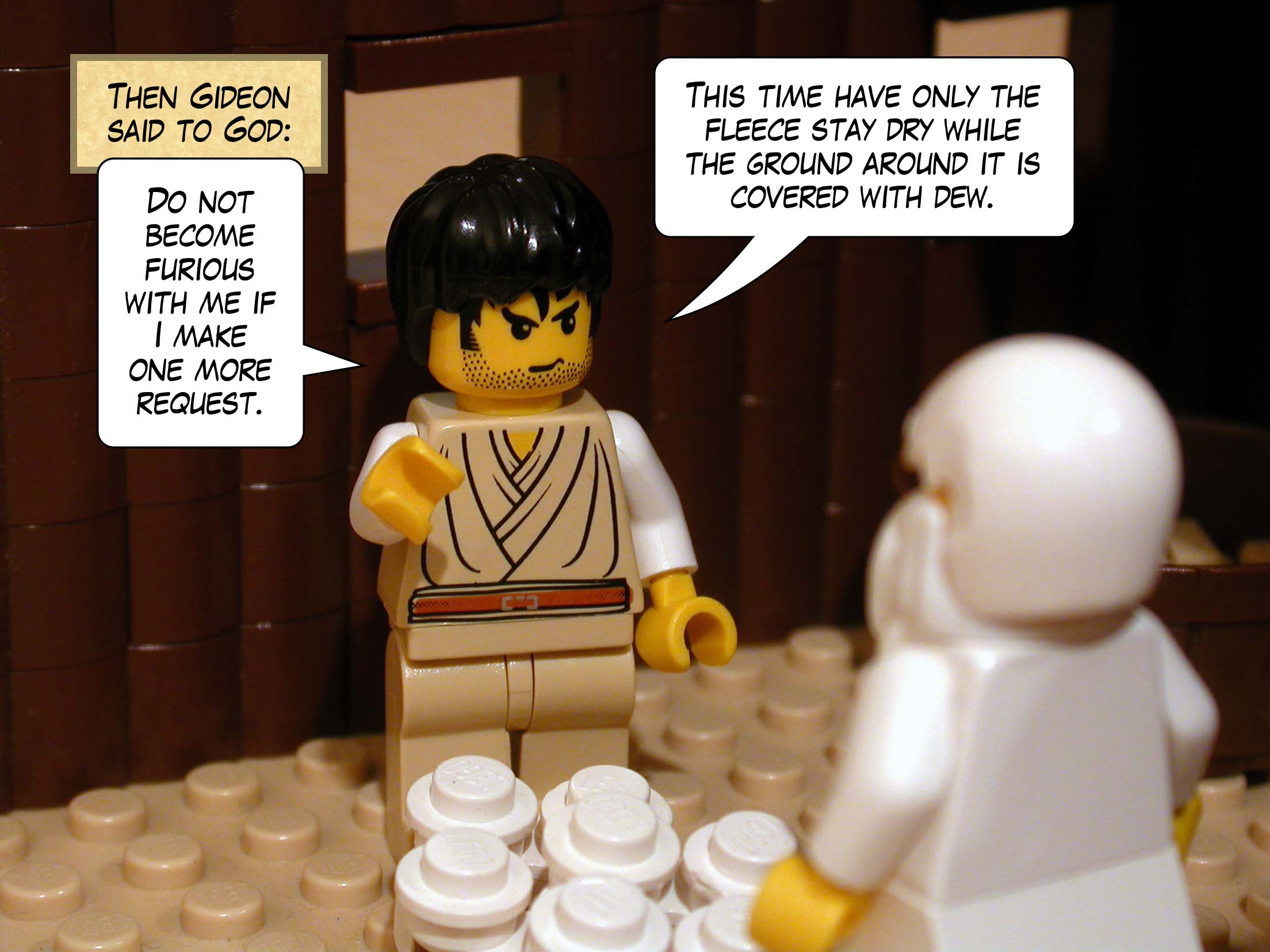 Then Gideon said to God, 'Do not become furious with me if I make one more request. This time have only the fleece stay dry while the ground around it is covered with dew.'