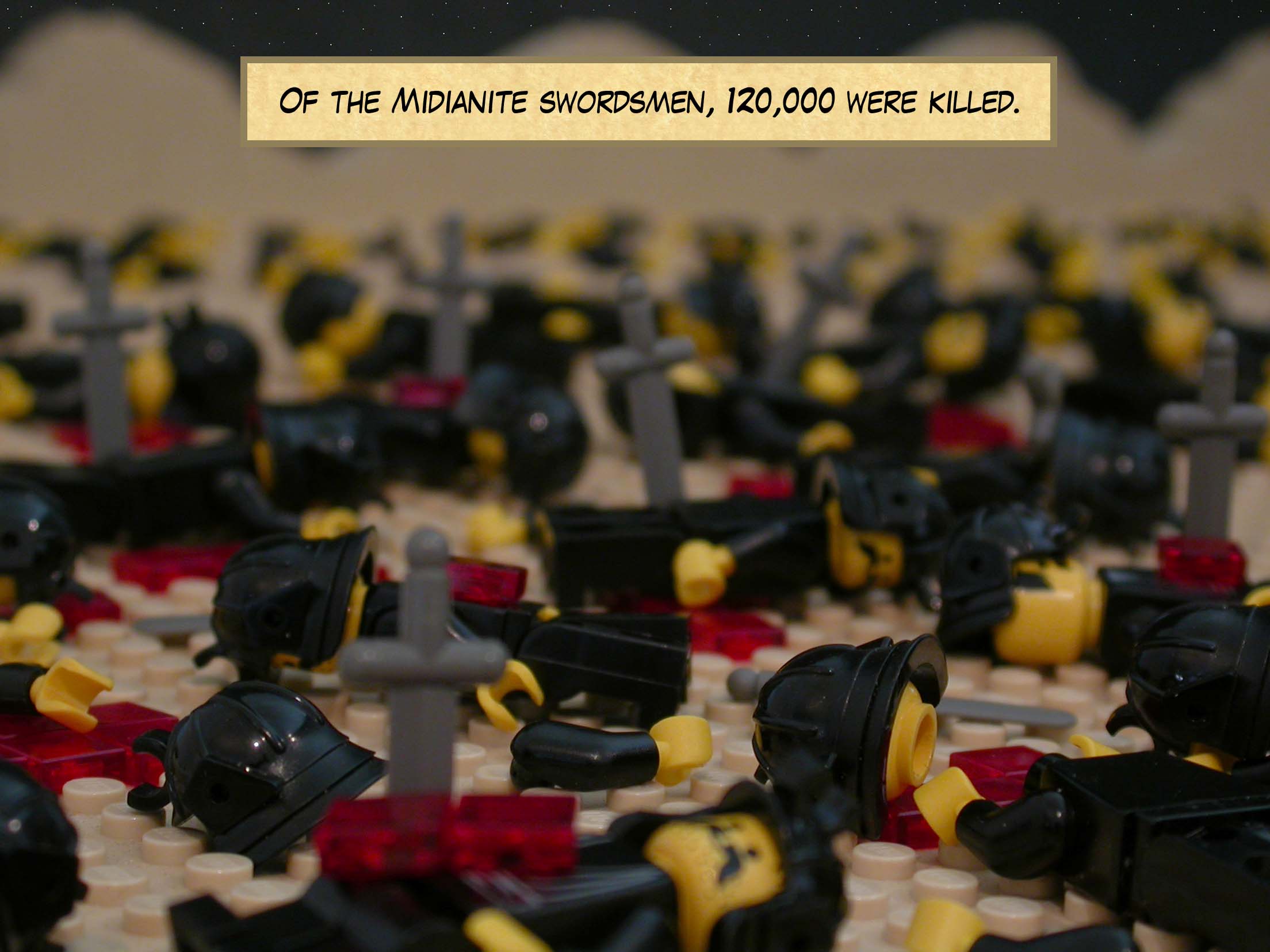 Of the Midianite swordsmen, 120,000 were killed.