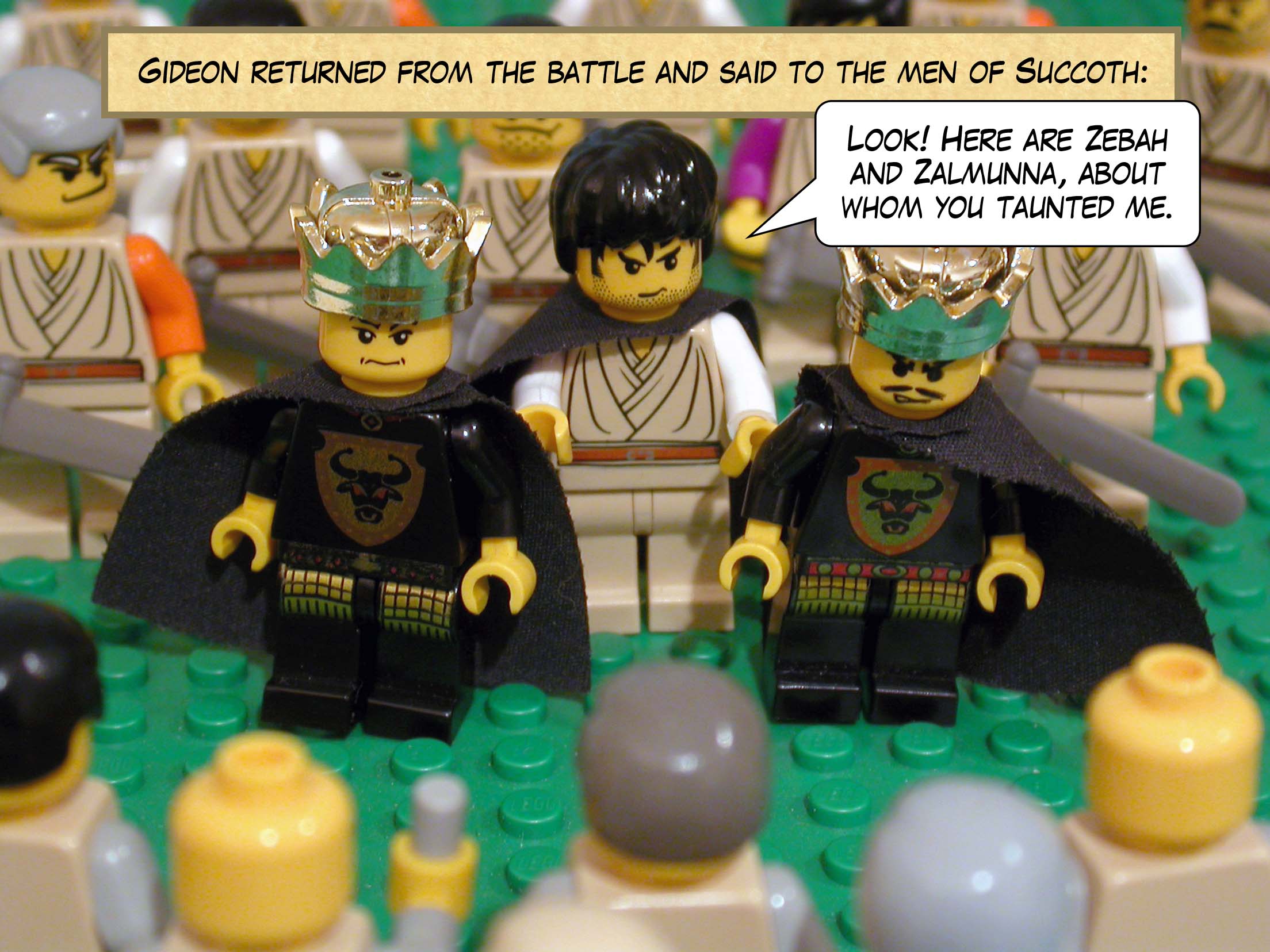 He seized seventy-seven of the town's elders, took some desert thorns and thistle and threshed the men of Succoth.