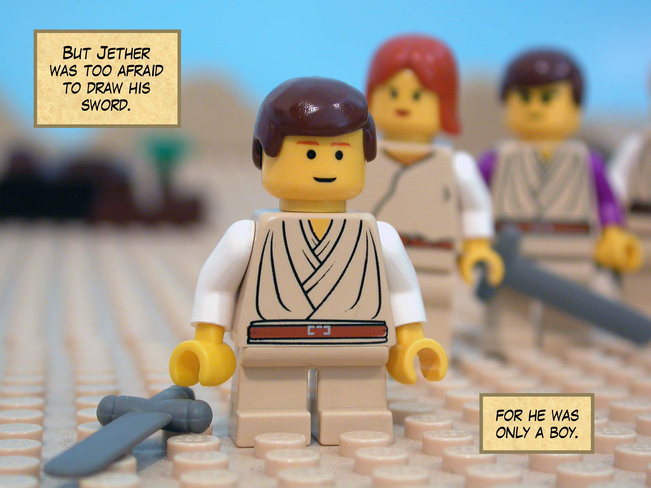 But Jether was too afraid to draw his sword, for he was only a boy.