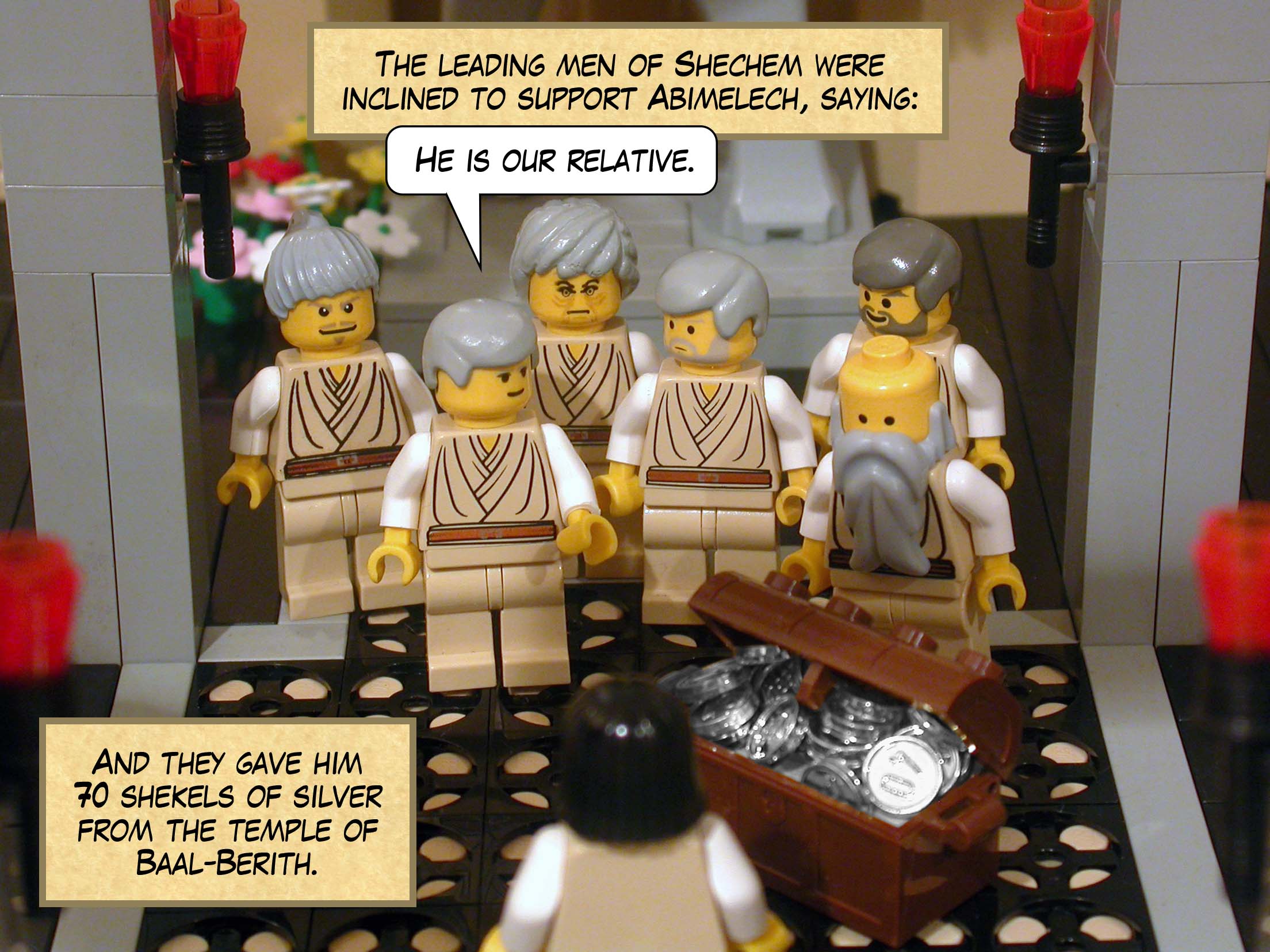 The leading men of Shechem were inclined to support Abimelech, saying, 'He is our relative.' And they gave him seventy shekels of silver from the temple of Baal-Berith.