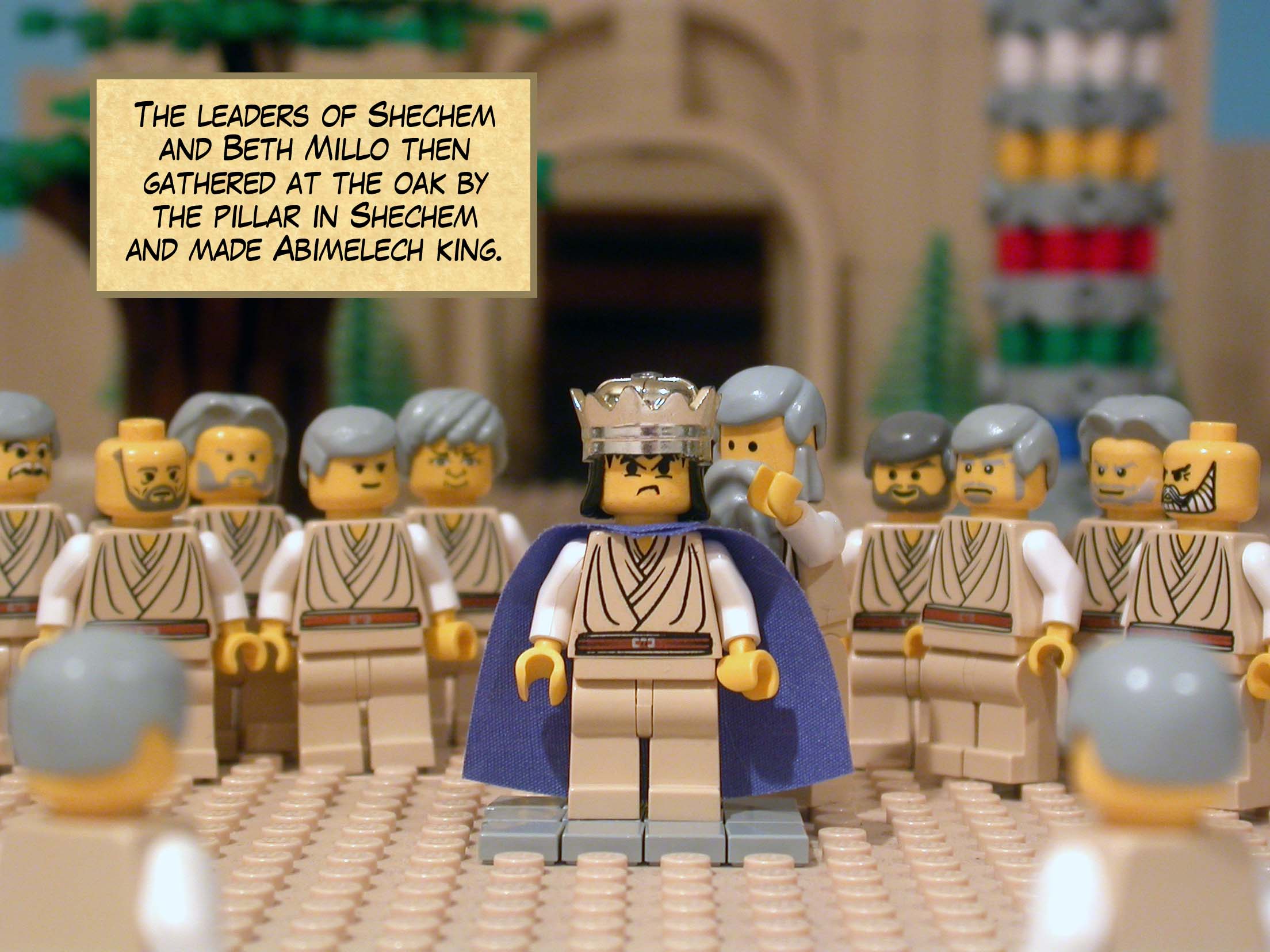 The leaders of Shechem and Beth Millo then gathered at the oak by the pillar in Shechem and made Abimelech king.