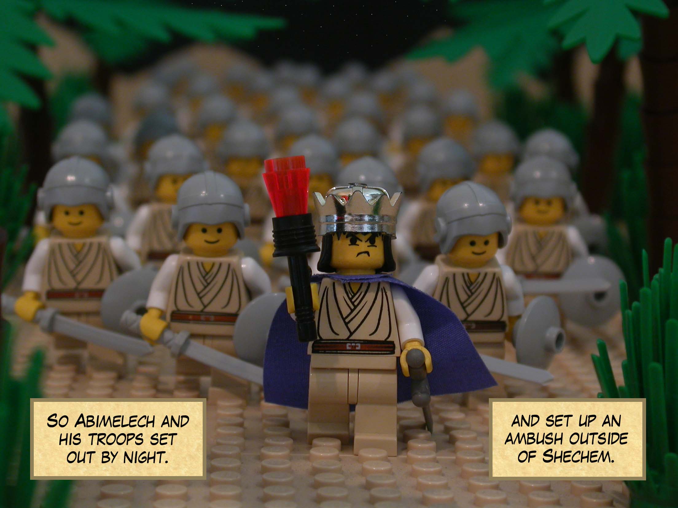 So Abimelech and his troops set out by night and set up an ambush outside of Shechem.