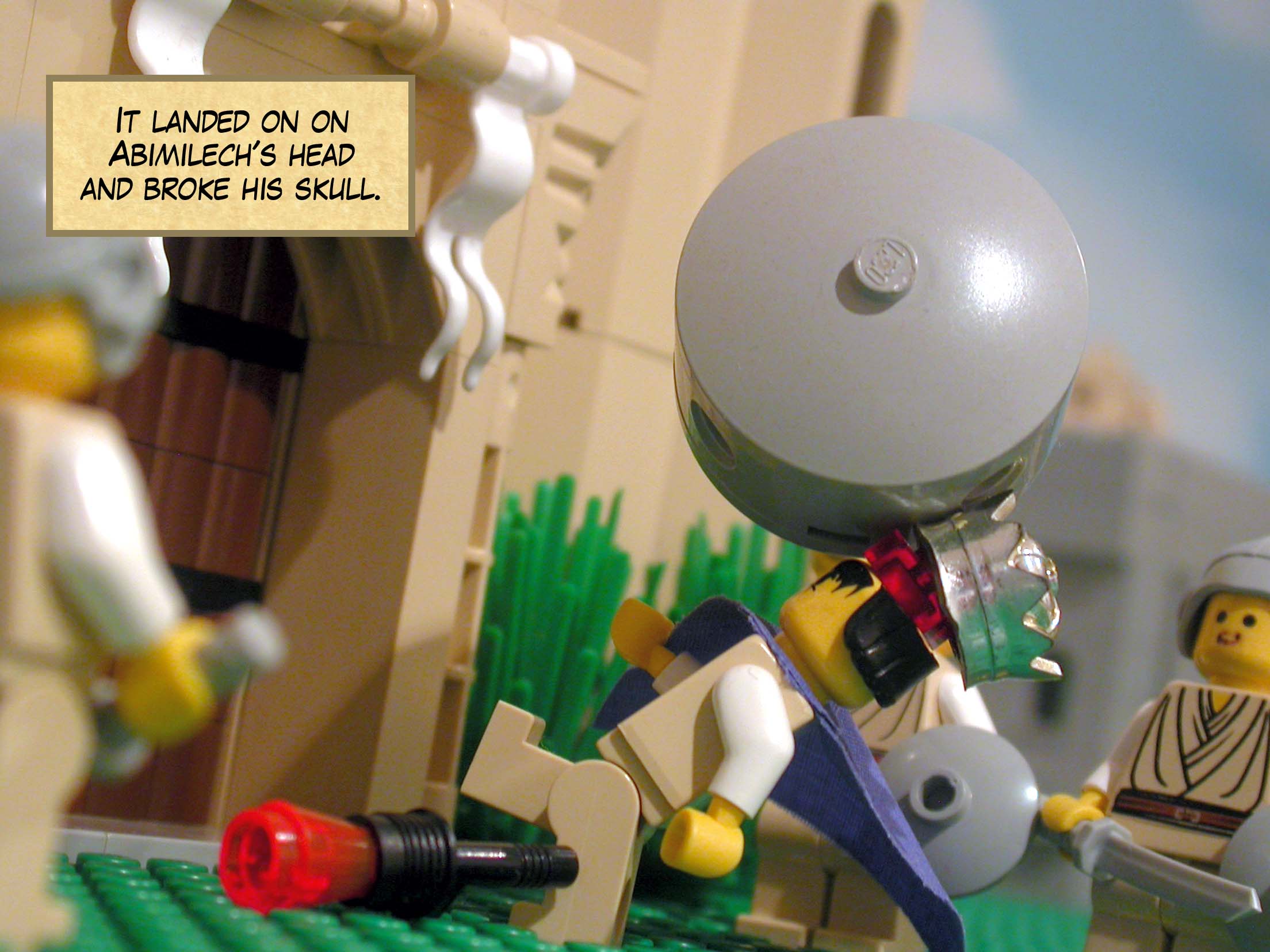 It landed on on Abimilech's head and broke his skull.