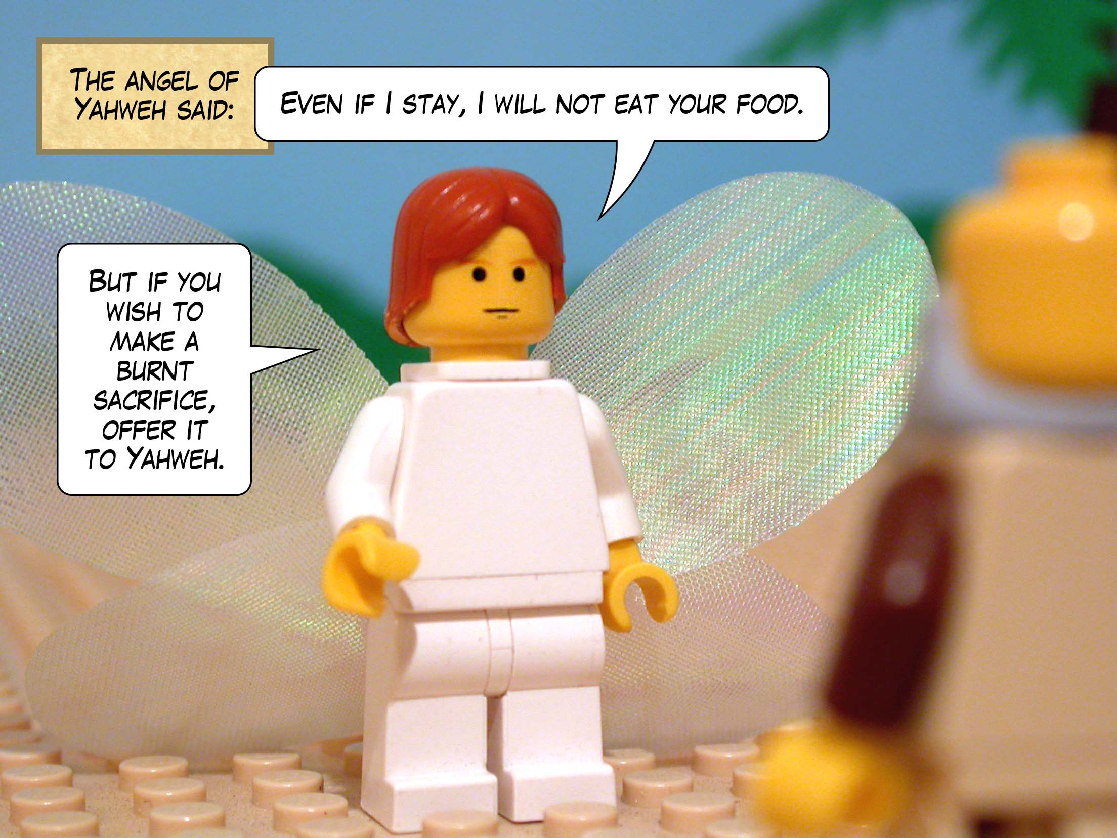 The angel of Yahweh said, 'Even if I stay, I will not eat your food. But if you wish to make a burnt sacrifice, offer it to Yahweh.'