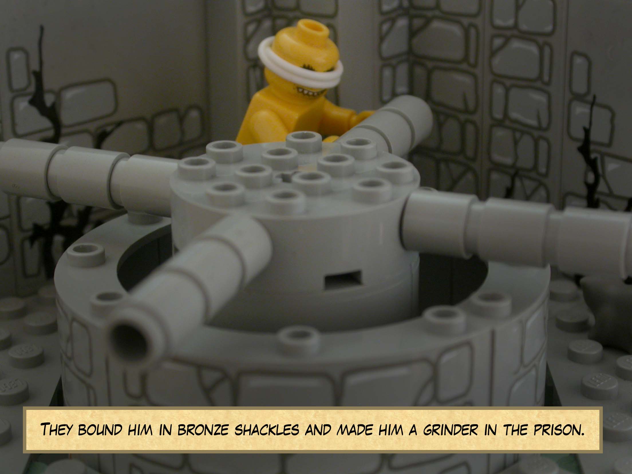 They bound him in bronze shackles and made him a grinder in the prison.