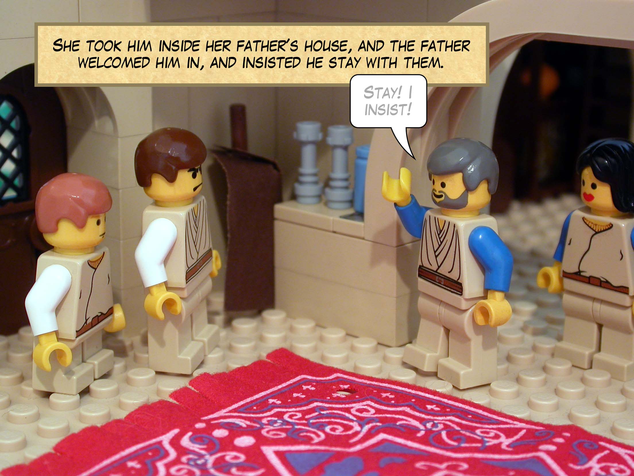 She took him inside her father's house, and the father welcomed him in, and insisted he stay with them.