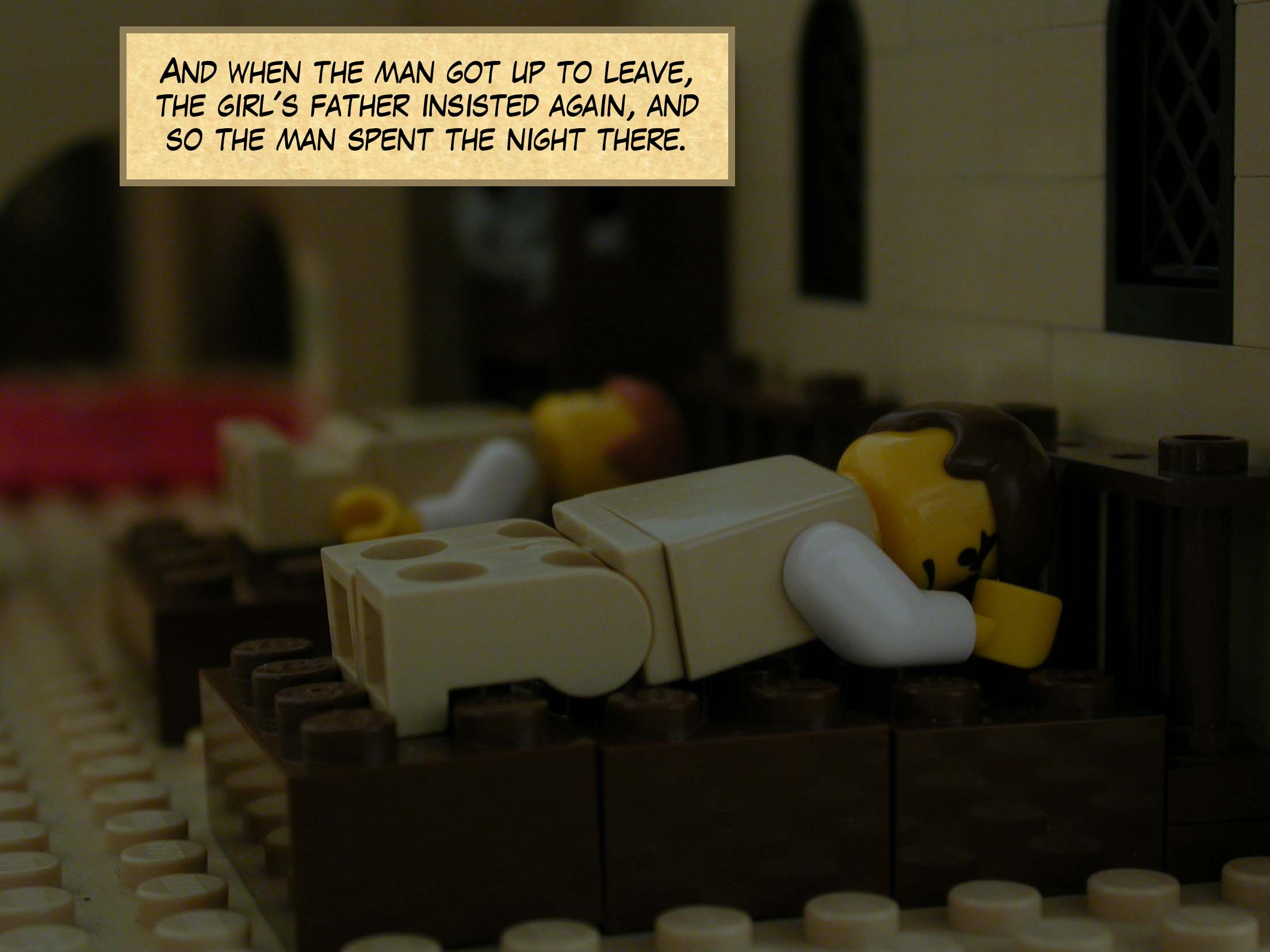 And when the man got up to leave, the girl's father insisted again, and so the man spent the night there.